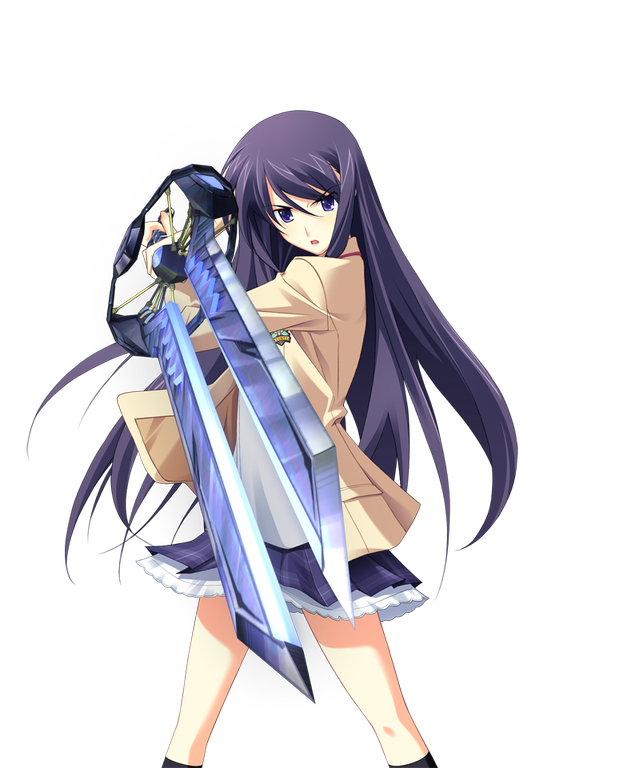 matsuo yukihiro, aoi sena, chaos;head, science adventure, game cg, non-web source, official art, 1girl, aiming, aiming at viewer, bare legs, black socks, blazer, breasts, brown jacket, d-sword, determined, dress shirt, holding, holding sword, holding weapon, huge weapon, jacket, kneehighs, long hair, miniskirt, narrowed eyes, open clothes, open jacket, open mouth, plaid clothes, plaid skirt, pleated skirt, purple eyes, purple hair, purple skirt, red trim, school emblem, school uniform, serious, shirt, skirt, small breasts, socks, solo, sprite, suimei academy school uniform, sword, transparent background, v-shaped eyebrows, very long hair, weapon, winter uniform