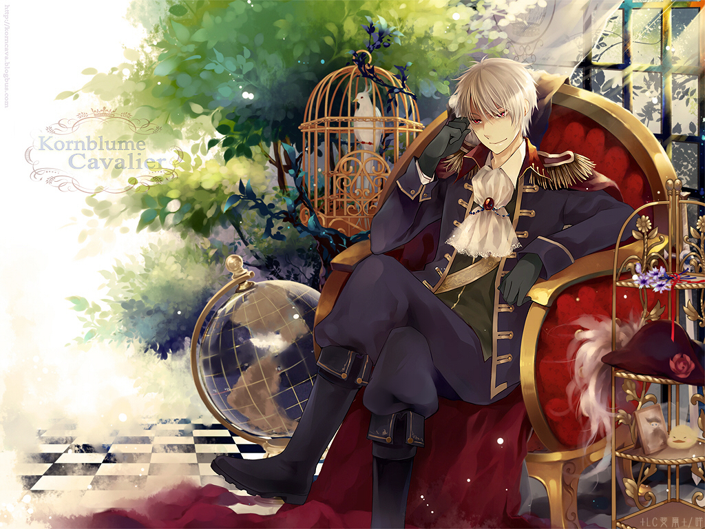 saiyki, prussia (hetalia), axis powers hetalia, uniform, bad id, bad pixiv id, translation request, 1boy, armchair, bird, birdcage, boots, cage, chair, checkered floor, crossed legs, floor, globe, gloves, hat, male focus, red upholstery, sitting, solo, white hair