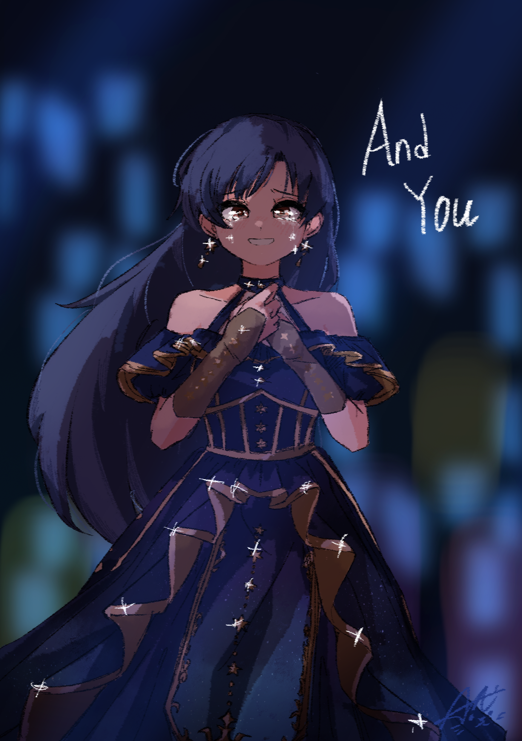aromdami, kisaragi chihaya, idolmaster, idolmaster (classic), absurdres, commentary, english commentary, highres, 1girl, bare shoulders, blue hair, blurry, blurry background, brown eyes, concert, cowboy shot, dress, earrings, frilled dress, frills, grin, hands up, jewelry, long hair, looking at viewer, smile, solo, standing, star (symbol), star earrings, straight-on, tears