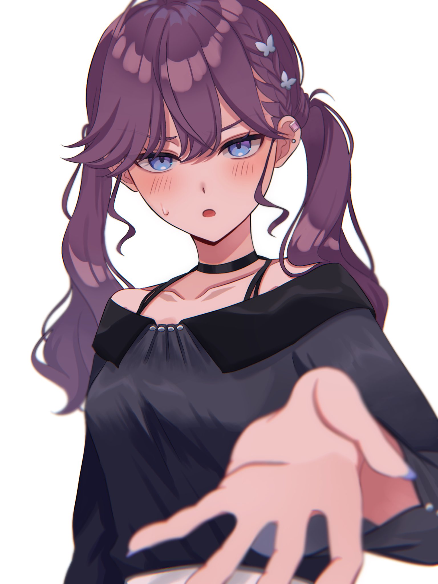 kaya rinha, gakuen idolmaster, idolmaster, commentary request, highres, textless version, variant set, 1girl, :o, arm at side, black choker, black shirt, blue eyes, blurry, blurry foreground, blush, braid, breasts, butterfly hair ornament, choker, collarbone, double-parted bangs, ear piercing, hair between eyes, hair ornament, hand up, long hair, long sleeves, looking at viewer, medium breasts, nail polish, off-shoulder shirt, off shoulder, offering hand, outstretched arm, outstretched hand, parted lips, piercing, purple hair, purple nails, reaching, reaching towards viewer, shirt, sidelocks, simple background, solo, sweatdrop, tkitt25, twintails, upper body, white background