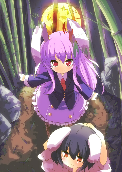 ryuji (ikeriu), inaba tewi, reisen udongein inaba, touhou, bad id, bad pixiv id, 2girls, alternate costume, animal ears, female focus, moon, multiple girls, outdoors, plant, rabbit ears, sky, standing, tree