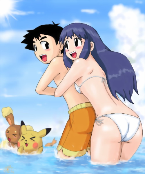 gouguru, ash ketchum, buneary, dawn (pokemon), misty (pokemon), pikachu, nintendo, pokemon, pokemon (anime), beach, bikini, child, gen 1 pokemon, gen 4 pokemon, pokemon (creature), swimsuit, water