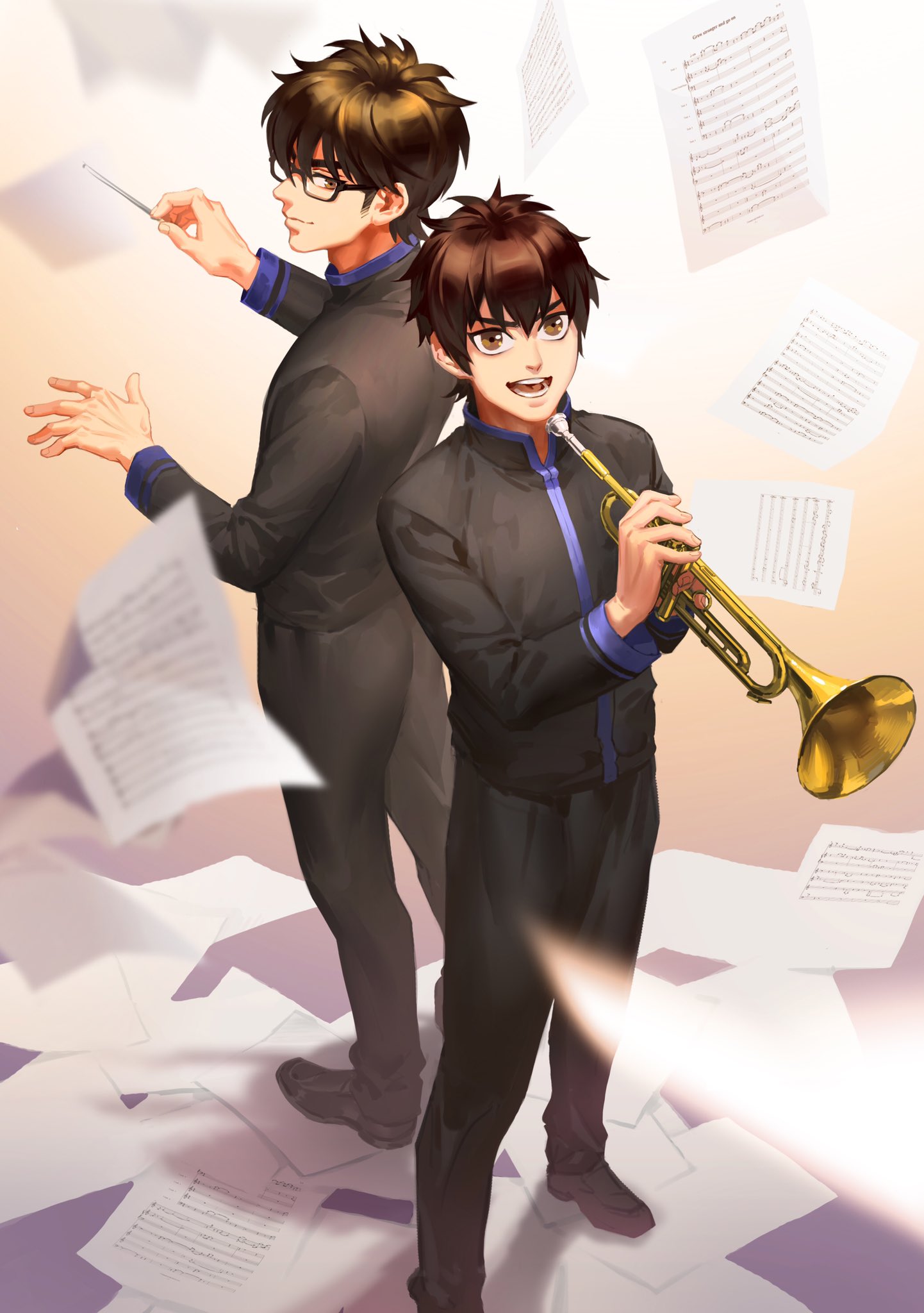 heise wanbaolu, miyuki kazuya, sawamura eijun, ace of diamond, commentary request, highres, 2boys, back-to-back, black-framed eyewear, black jacket, black pants, brown eyes, brown hair, closed mouth, conductor, conductor baton, falling paper, from above, full body, glasses, holding, holding baton, holding instrument, holding trumpet, instrument, jacket, looking at another, looking at viewer, male focus, multiple boys, open mouth, pants, rectangular eyewear, sheet music, short hair, sideburns, standing, teeth, tongue, too many papers, trumpet