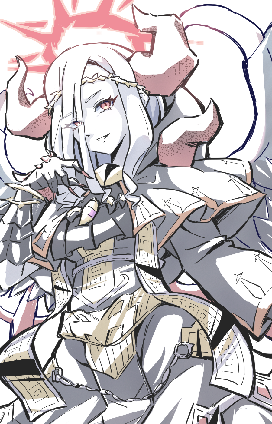 saitou koku, condemned darklord, yu-gi-oh!, check clothing, clothing request, commentary request, highres, 1girl, arm up, capelet, chain, duel monster, eyes visible through hair, fallen angel, fingernails, gold ribbon, gold trim, grey armor, grey capelet, grin, hair over one eye, halo, limited palette, long fingernails, long sleeves, looking at viewer, medium hair, open mouth, overlighting, red eyes, red nails, simple background, smile, solo, upper body, v-shaped eyebrows, white background, white hair, wings