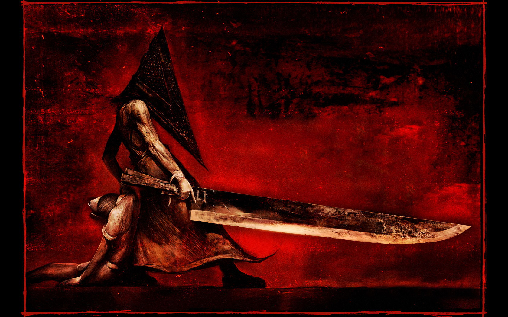 ito masahiro, bubble head nurse, nurse (silent hill), pyramid head, silent hill, silent hill: homecoming, silent hill (movie), silent hill (series), silent hill 2, highres, official art, official wallpaper, 1boy, helmet, huge weapon, male focus, monster, monster boy, monster girl, solo, sword, weapon