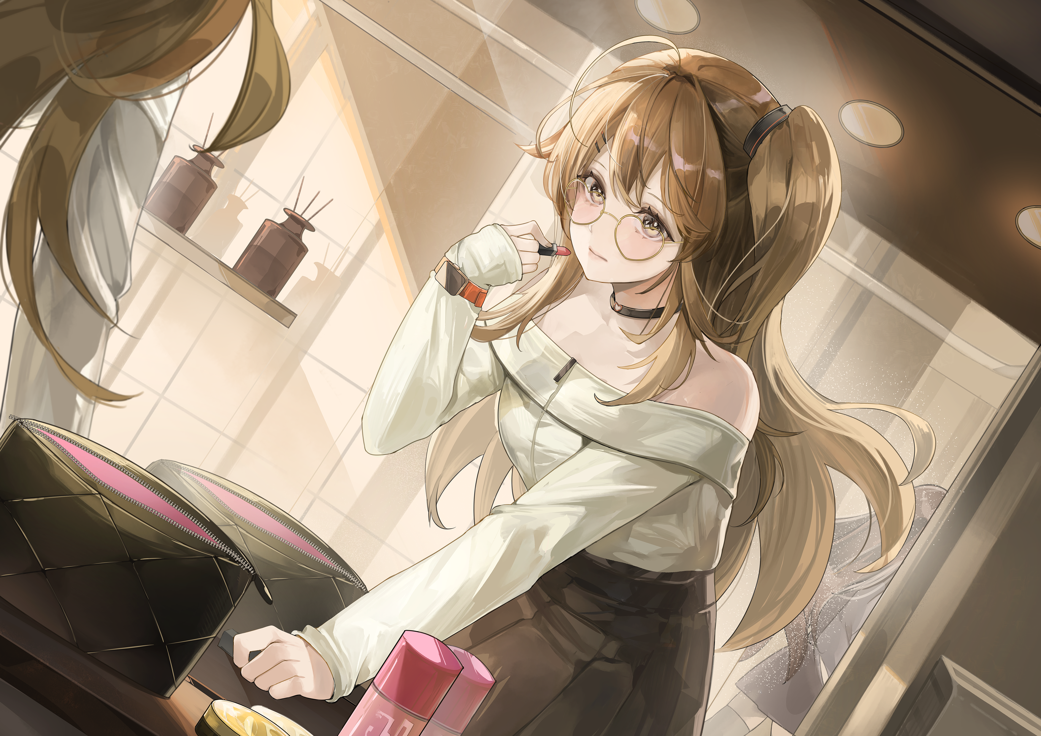 rutewell, k2 (girls' frontline), yoohee (girls' frontline 2), girls' frontline, girls' frontline 2: exilium, absurdres, commentary request, highres, 2girls, alternate costume, applying makeup, applying own makeup, bag, black bag, black choker, breasts, brown eyes, brown hair, brown skirt, choker, closed mouth, cosmetics, cowboy shot, dutch angle, glasses, handbag, holding, holding lipstick tube, leaning forward, lipstick tube, long hair, long sleeves, looking at mirror, medium breasts, mirror, multiple girls, off-shoulder shirt, off shoulder, one side up, pleated skirt, reflection, reflection focus, shirt, skirt, solo, solo focus, watch, white shirt, wristwatch
