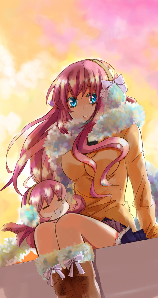 yong sui, megurine luka, takoluka, vocaloid, bad id, bad pixiv id, 1girl, aqua eyes, boots, breasts, coat, earmuffs, feather boa, female focus, long hair, outdoors, pink hair, sitting, sky, solo, winter