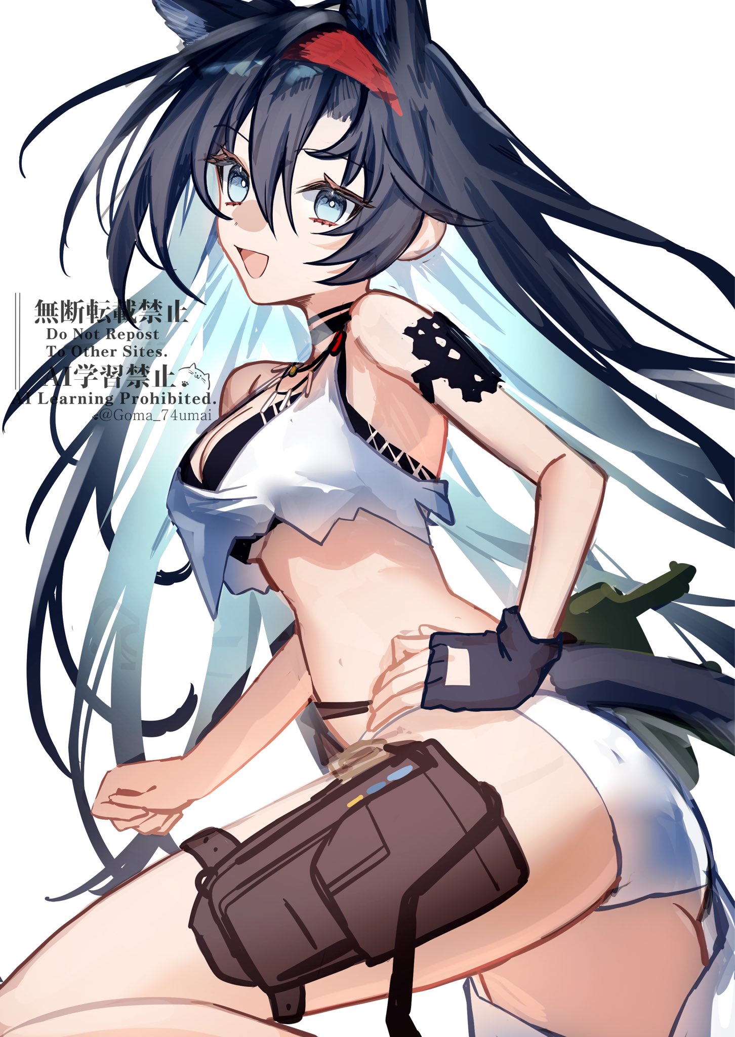 gomago magoma, blaze (arknights), blaze (summer) (arknights), arknights, commentary, highres, 1girl, :d, animal ears, ass, bikini, black bikini, black choker, black gloves, black hair, blue eyes, breasts, cat ears, cat girl, cat tail, choker, cleavage, clenched hand, cowboy shot, crop top, cropped shirt, fingerless gloves, gloves, hair between eyes, hairband, hand on own hip, jewelry, long hair, looking at viewer, medium breasts, mismatched bikini, necklace, official alternate costume, open mouth, panties, pouch, red hairband, shirt, sidelocks, simple background, single glove, smile, solo, stomach, swimsuit, tail, thigh pouch, tooth necklace, torn clothes, torn shirt, twitter username, underwear, watermark, white background, white bikini, white shirt
