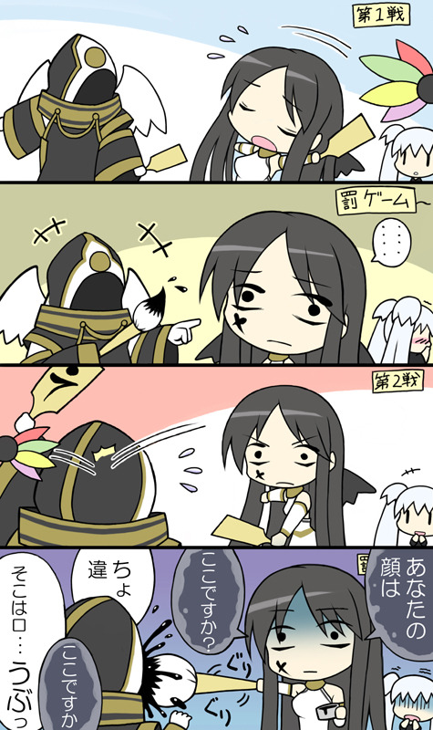 cichol, morrighan, nao (mabinogi), mabinogi, silver hair, translation request, 4koma, black hair, blush, calligraphy brush, closed eyes, comic, hanetsuki, paddle, paintbrush, robe, wings
