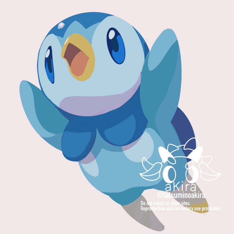 akira (akira art poke), piplup, nintendo, pokemon, pokemon dppt, commentary request, beak, bird, black eyes, blue sclera, blue skin, colored sclera, colored skin, gen 4 pokemon, jumping, no humans, open mouth, penguin, pokemon (creature), pokemon focus, white background, wings