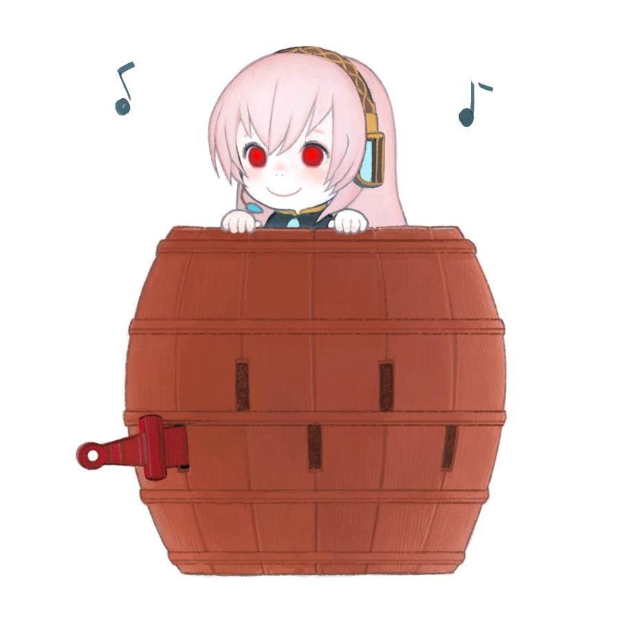 matayoshi, megurine luka, vocaloid, 1girl, barrel, chibi, female focus, headphones, musical note, pink hair, pop-up pirate, red eyes, smile, solo, sword, weapon, white background