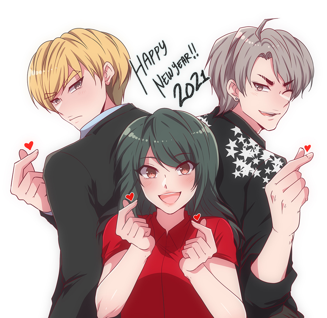 enjelicious, daniel yoon, rose choi, age matters, commentary, english commentary, 1girl, 2021, 2boys, :d, blonde hair, brown eyes, closed mouth, dylan chen, earrings, green hair, grey eyes, grey hair, happy new year, heart, heart hands, jewelry, long hair, multiple boys, new year, one eye closed, open mouth, red shirt, shirt, short hair, smile, star (symbol), star print, stud earrings, white background