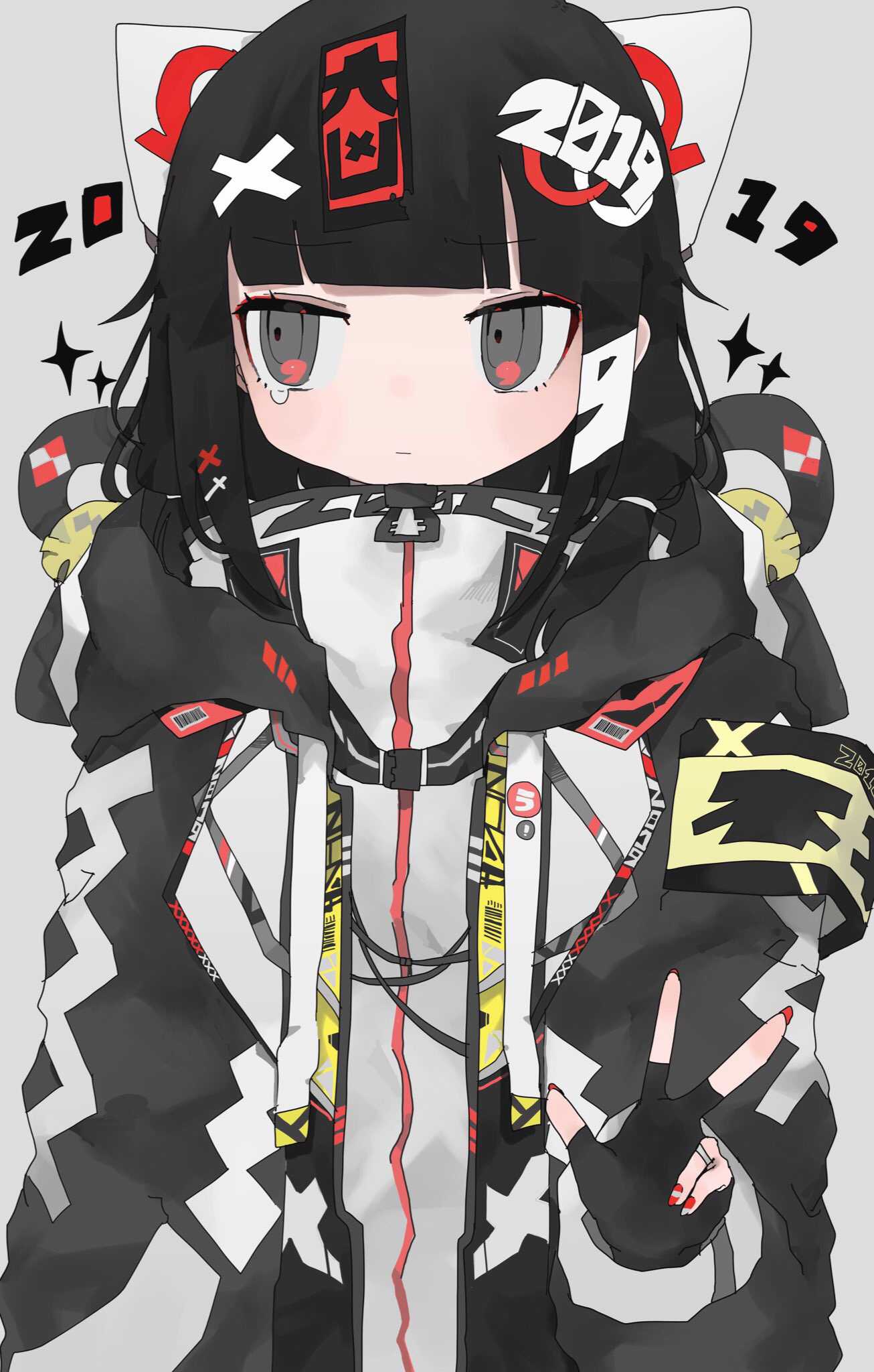 nukunuku nigirimeshi, original, commentary request, highres, 1girl, 2019, :|, animal ears, animal hair ornament, armband, black gloves, black hair, black jacket, blunt bangs, brown nails, buckle, closed mouth, clothes writing, drawn ears, drawstring, expressionless, fake animal ears, fingerless gloves, gloves, grey background, grey eyes, hair ornament, hairclip, hand up, high collar, hood, hood down, hooded jacket, jacket, letter hair ornament, long hair, long sleeves, looking at viewer, looking to the side, nail polish, open clothes, open jacket, red nails, simple background, single tear, snap-fit buckle, solo, sparkle, turtleneck, upper body, w, wavy eyes, x hair ornament, zipper, zipper pull tab