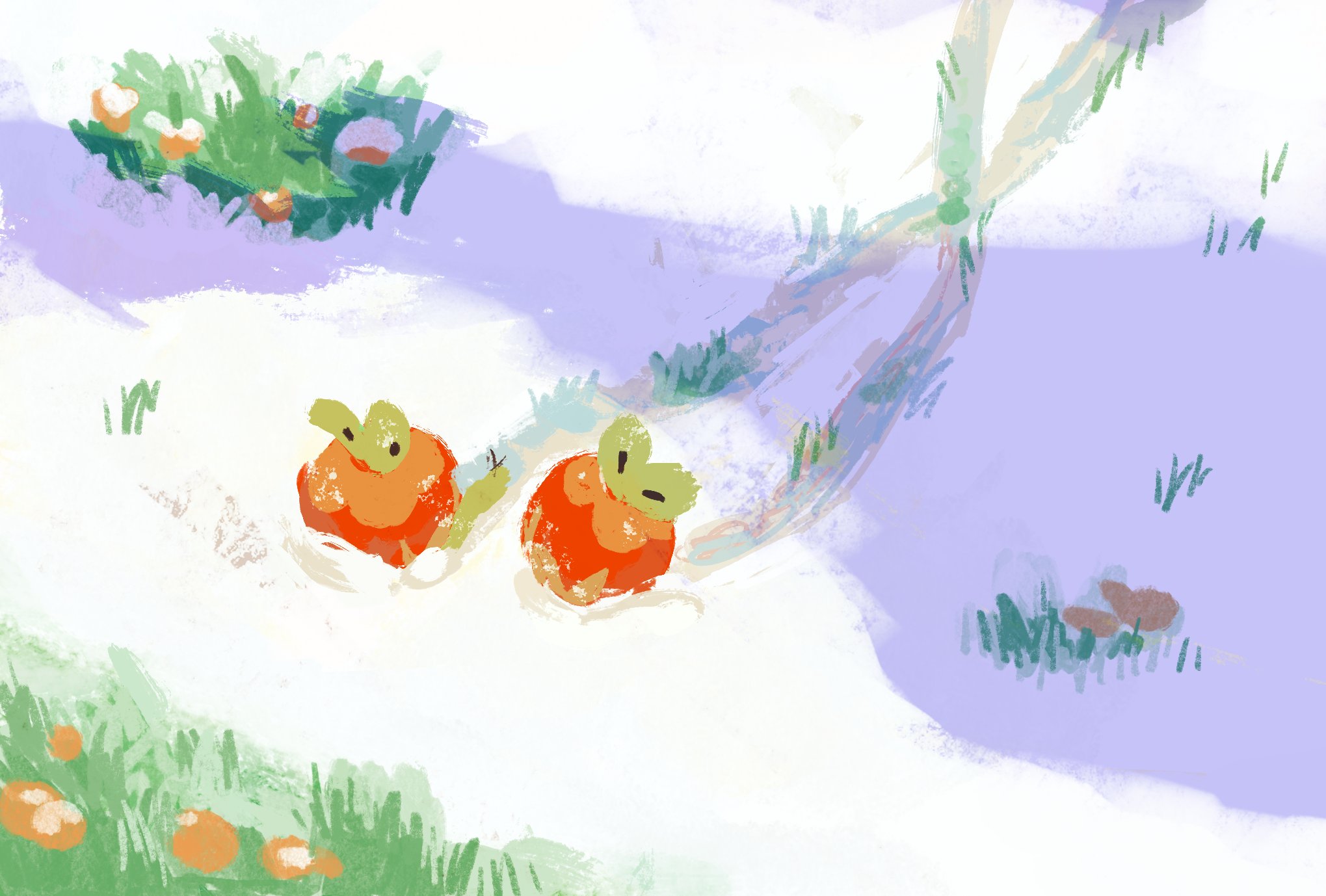 aporoppoke, applin, nintendo, pokemon, pokemon sv, commentary, highres, symbol-only commentary, apple, black eyes, colored skin, flower, food, fruit, gen 8 pokemon, grass, green skin, no humans, pokemon (creature), pokemon focus, snow, worm, wyrm