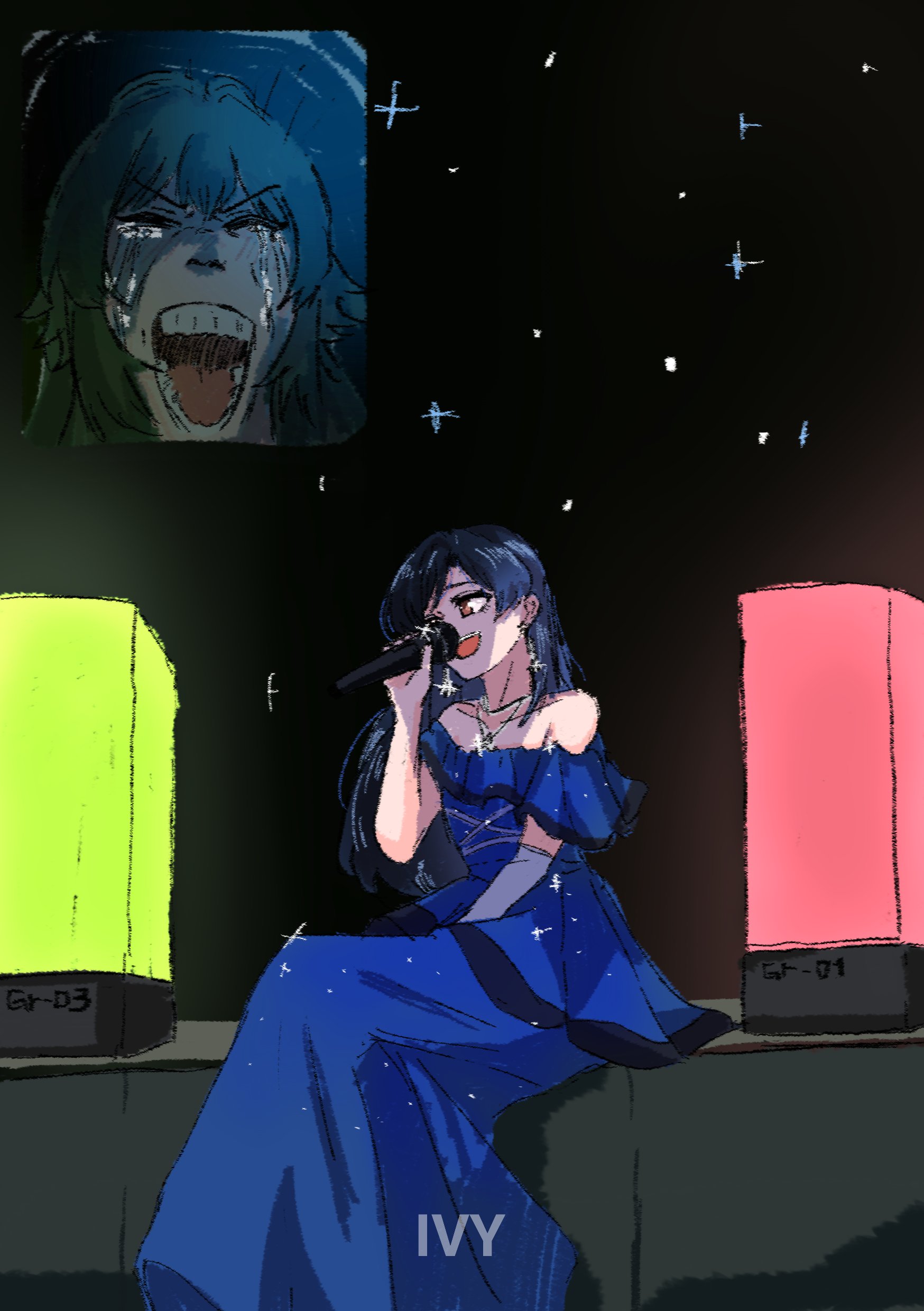 aromdami, kisaragi chihaya, tsukimura temari, gakuen idolmaster, idolmaster, idolmaster (classic), absurdres, commentary, english commentary, highres, 2girls, bare shoulders, blue dress, blue hair, concert, crying, dress, earrings, fan screaming at madison beer (meme), frilled dress, frills, happy tears, holding, holding microphone, jewelry, long hair, meme, microphone, multiple girls, music, necklace, open mouth, singing, sitting, stage, streaming tears, tears, teeth, v-shaped eyebrows