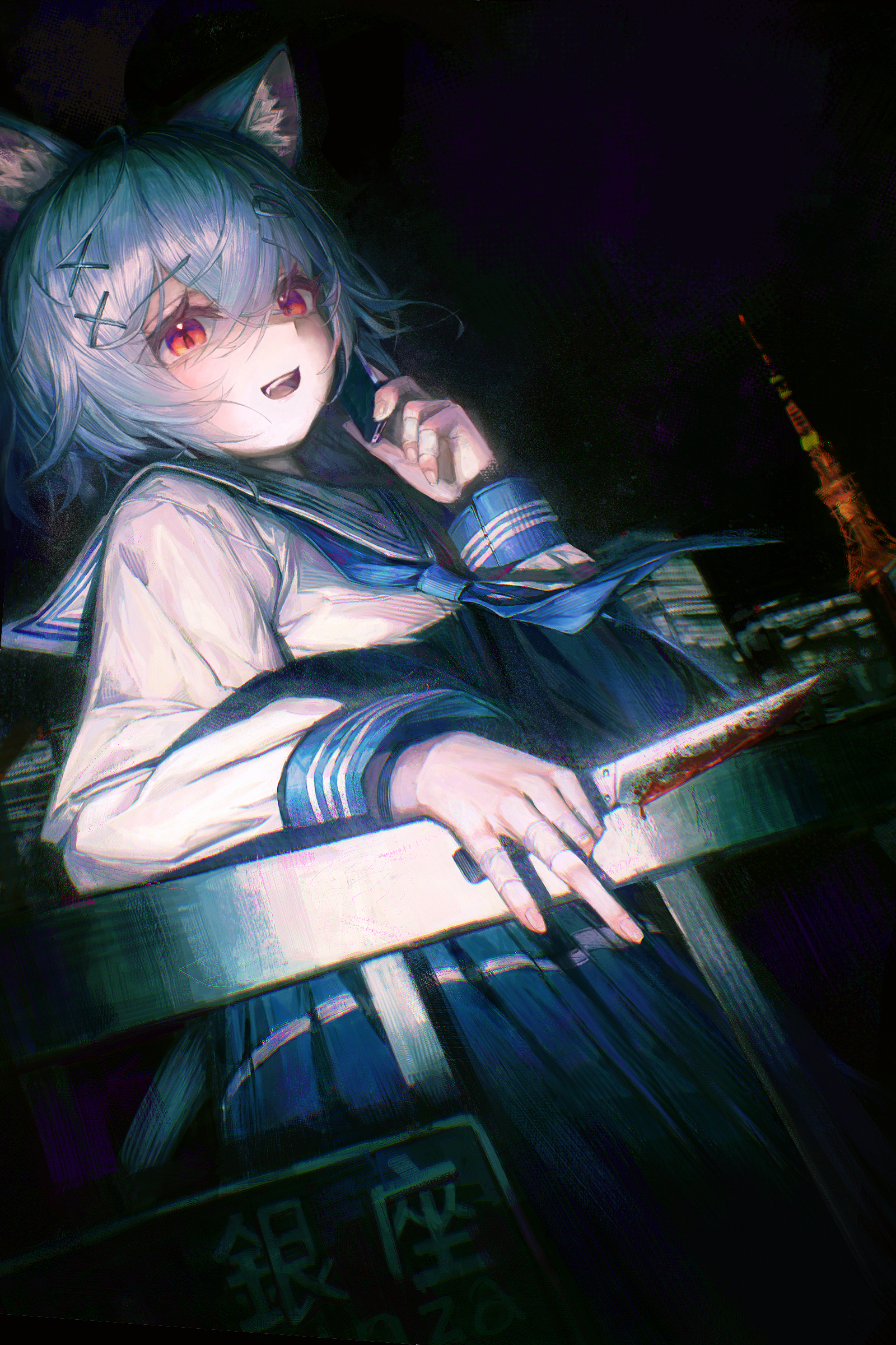 original, absurdres, commentary request, highres, 1girl, animal ears, bandaid, bandaid on finger, bandaid on hand, blood, blood drop, bloody knife, blue ribbon, blue skirt, camera flash, cat ears, cat girl, cellphone, city lights, cityscape, drawer bushi huajia, grey hair, hair ornament, hairclip, hand up, holding, holding knife, holding phone, knife, looking at viewer, night, open mouth, phone, pleated skirt, red eyes, ribbon, school uniform, serafuku, shirt, short hair, skirt, slit pupils, smartphone, solo, standing, white shirt