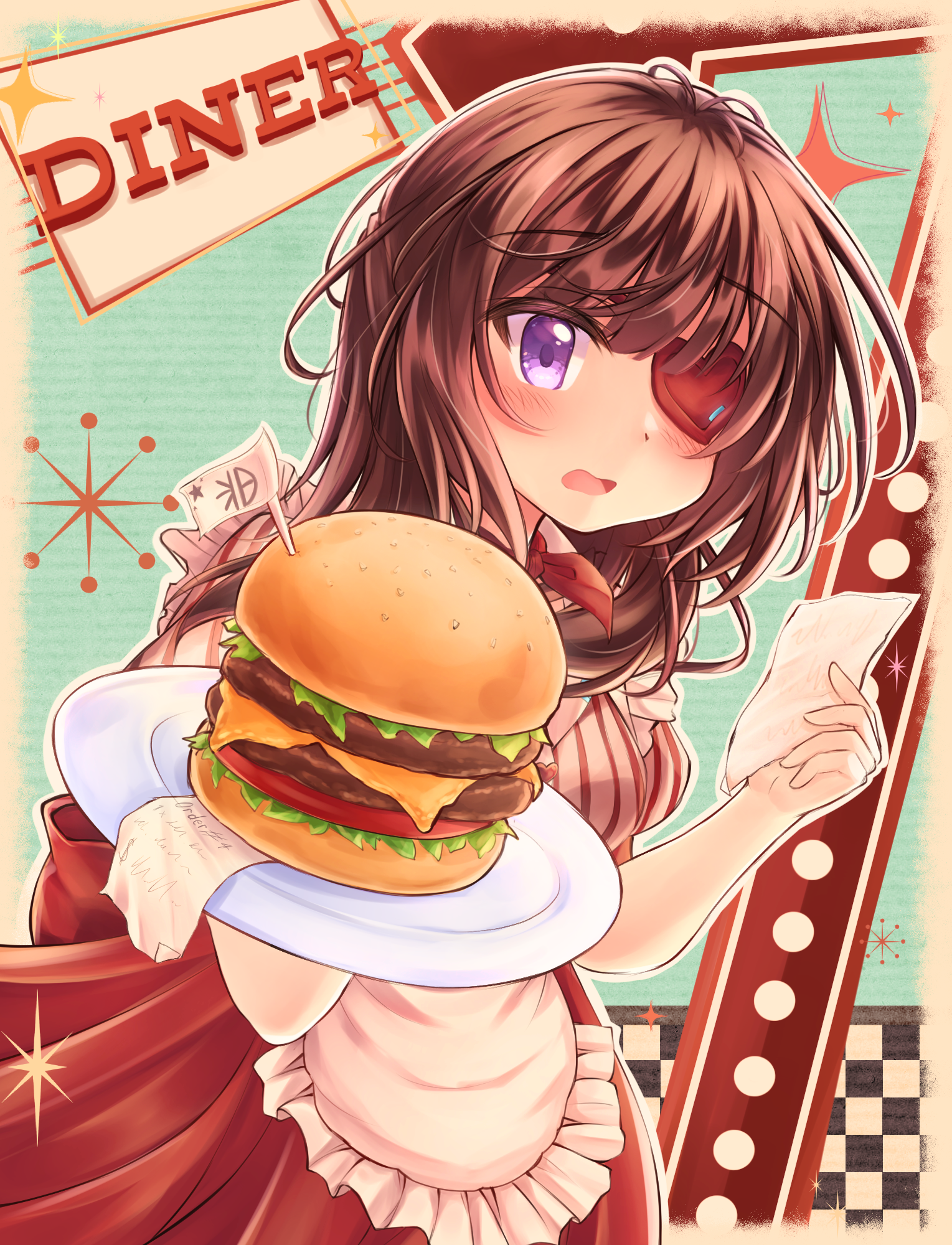 mitsuna, hiiragi kozue, heaven burns red, commentary request, highres, 1girl, apron, aqua background, blush, brown hair, burger, cowboy shot, dual wielding, dutch angle, english text, eyepatch, eyes visible through hair, food, frilled apron, frills, hair between eyes, hands up, heart, heart eyepatch, holding, holding paper, holding tray, looking at viewer, medium hair, official alternate costume, one eye covered, open mouth, outside border, paper, purple eyes, red skirt, simple background, skirt, solo, sparkle, tray, waist apron, waitress, white apron