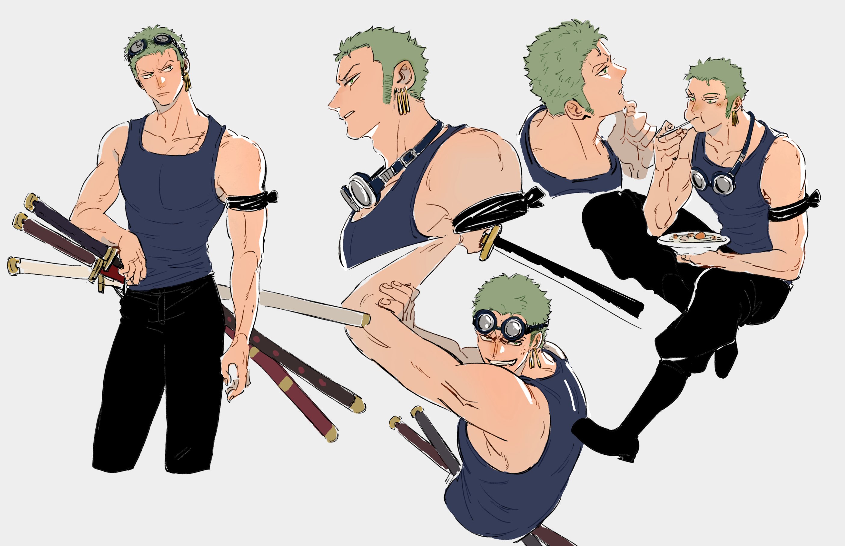 mcbuckwheat, roronoa zoro, one piece, commentary, highres, symbol-only commentary, 1boy, bandana around arm, bare shoulders, black boots, black pants, blue tank top, boots, collarbone, cropped legs, earrings, eating, fighting stance, from side, full body, goggles, goggles around neck, goggles on head, green hair, grey background, holding, holding plate, holding sword, holding weapon, jewelry, katana, male focus, multiple swords, multiple views, pants, plate, short hair, solo, sword, tank top, toned, toned male, upper body, weapon