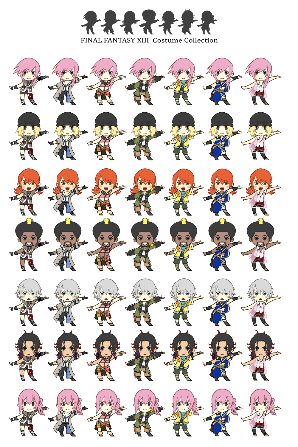 tomohito, chicobo, hope estheim, lightning farron, oerba dia vanille, oerba yun fang, sazh katzroy, serah farron, snow villiers, final fantasy, final fantasy xiii, bad id, bad pixiv id, highres, 3boys, 4girls, afro, black eyes, black hair, blonde hair, blue eyes, chibi, cosplay, costume switch, crossdressing, dark skin, green eyes, grey eyes, hope estheim (cosplay), lightning farron (cosplay), long hair, multiple boys, multiple girls, oerba dia vanille (cosplay), oerba yun fang (cosplay), orange hair, pink hair, red hair, sazh katzroy (cosplay), serah farron (cosplay), short hair, snow villiers (cosplay), thighhighs, twintails, variations, white hair