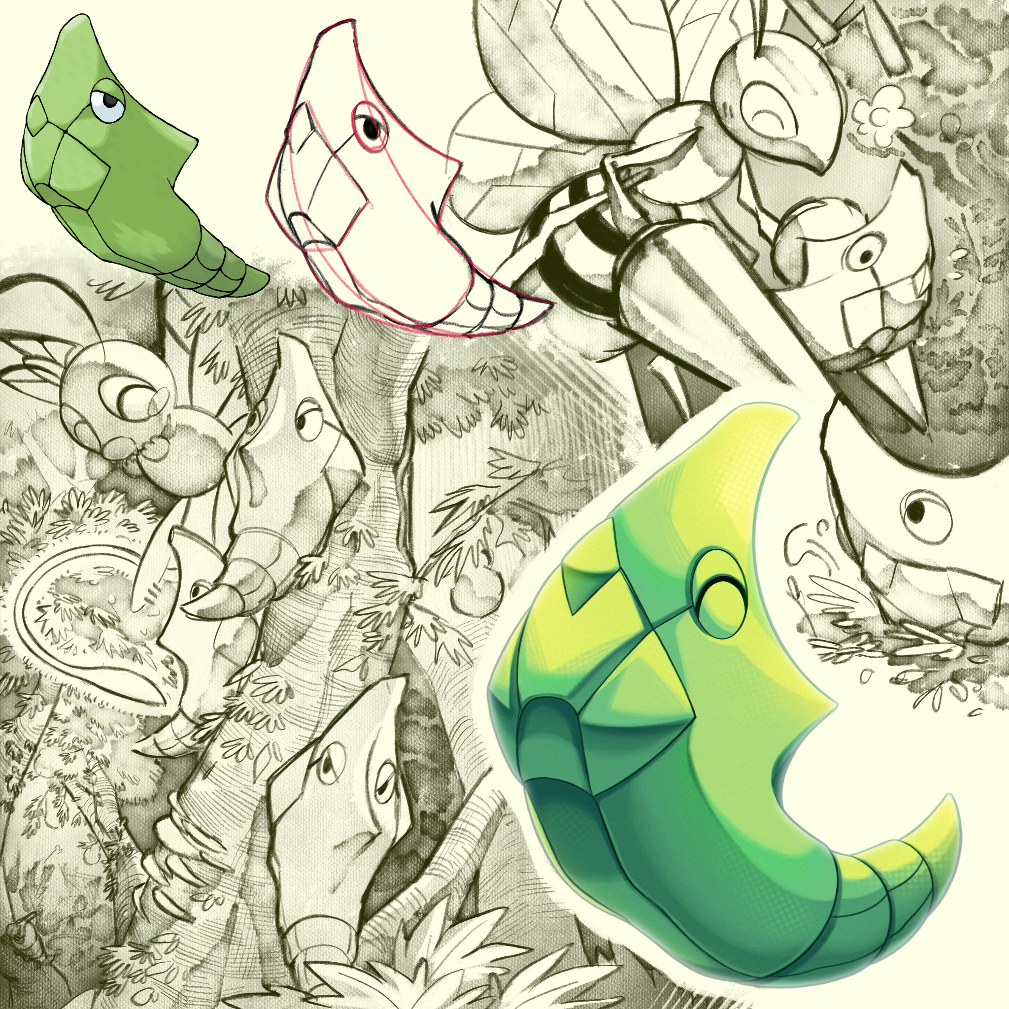 shoupitsuki, beedrill, butterfree, caterpie, metapod, nintendo, pokemon, pokemon rgby, commentary request, highres, bee, bug, butterfly, chrysalis (butterfly), flower, gen 1 pokemon, insect, no humans, pokemon (creature), sketch, smile, tree