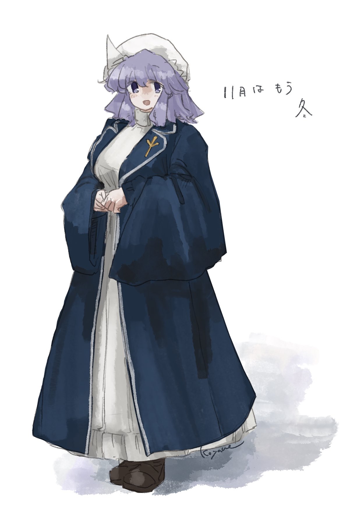 koyane (silver81106), letty whiterock, touhou, highres, 1girl, dress, full body, lapel pin, long coat, medium hair, purple eyes, purple hair, solo, triangular headpiece, white background, white dress