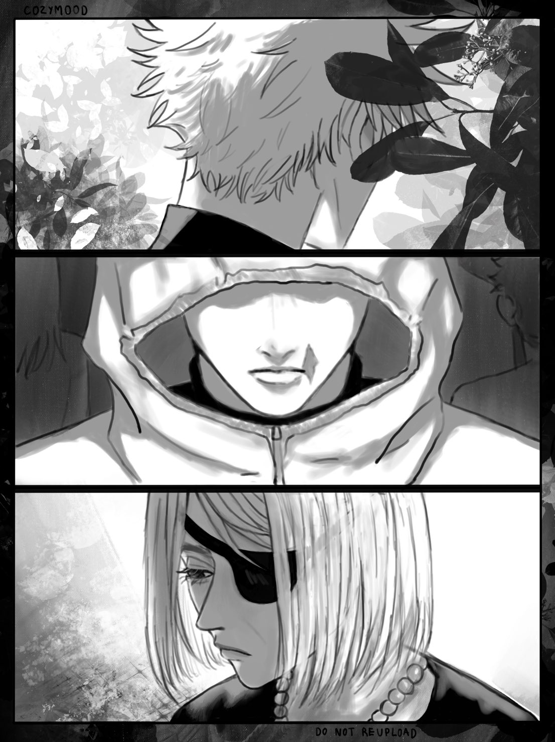 gojou satoru, itadori yuuji, kugisaki nobara, jujutsu kaisen, jujutsu kaisen modulo, commentary, english commentary, highres, 1girl, 2boys, cozymoodinmind, eyepatch, hood, hooded jacket, jacket, mature female, monochrome, multiple boys, old, old woman