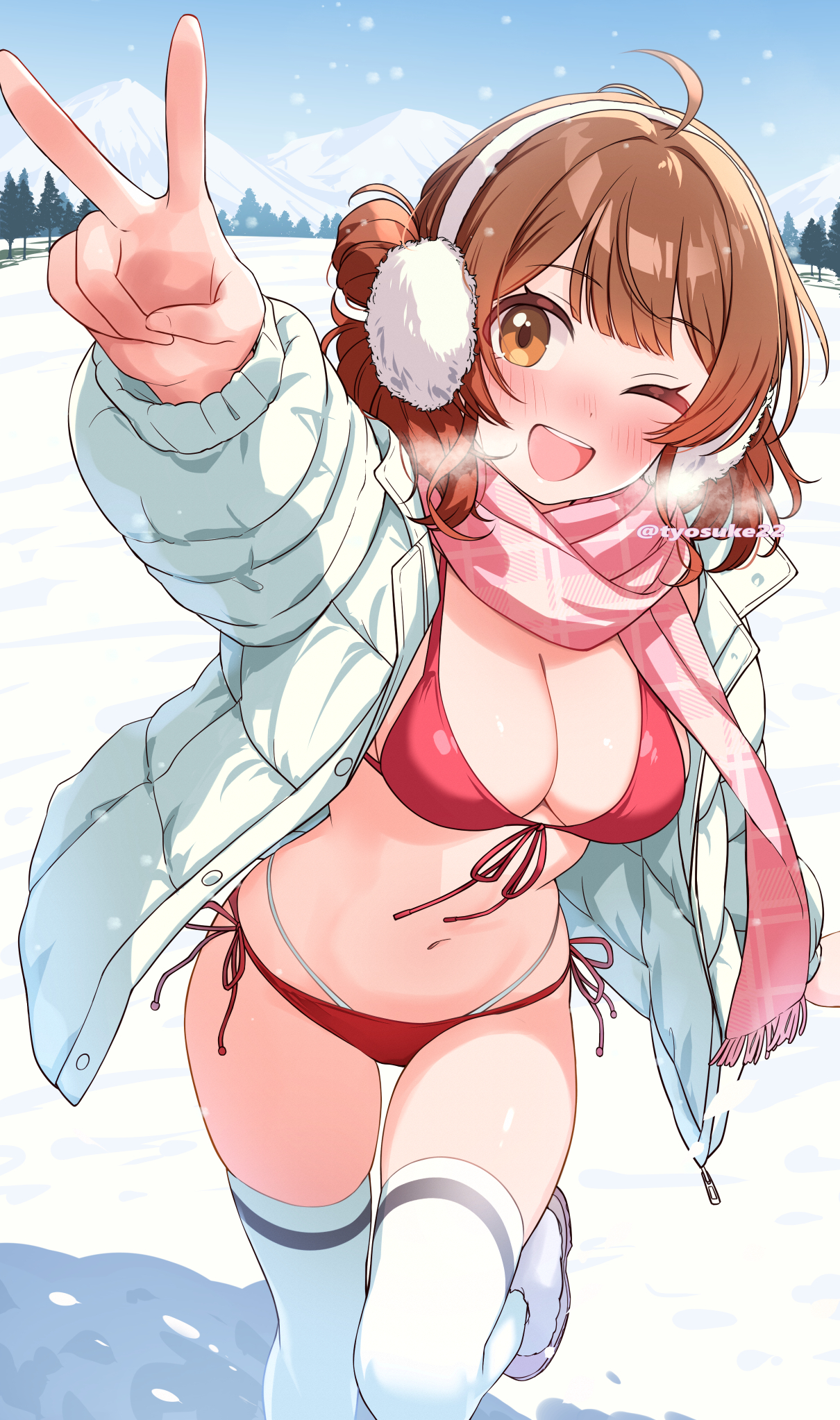 chiyosuke (nosuke21), hanami ume, gakuen idolmaster, idolmaster, check commentary, commentary request, highres, 1girl, ahoge, bikini, blue sky, blush, breasts, breath, brown eyes, brown hair, checkered clothes, checkered scarf, coat, day, earmuffs, front-tie bikini top, front-tie top, hair bun, hand up, large breasts, leg up, long sleeves, looking at viewer, medium hair, mountain, navel, one eye closed, open clothes, open coat, open mouth, outdoors, pink scarf, red bikini, scarf, shoes, side-tie bikini bottom, sidelocks, single side bun, sky, smile, snow, snowing, solo, swimsuit, thighhighs, thighs, tree, twitter username, v, white coat, white shoes, white thighhighs