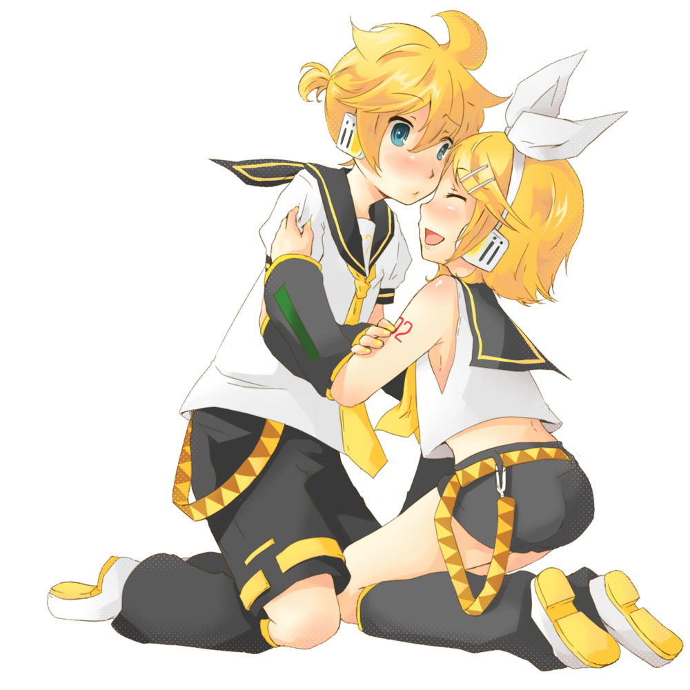 m eme, kagamine len, kagamine rin, vocaloid, bad id, bad pixiv id, 1boy, 1girl, blonde hair, blue eyes, blush, brother and sister, closed eyes, detached sleeves, hair ornament, hair ribbon, hairclip, headphones, hetero, kiss, kneeling, necktie, open mouth, ribbon, short hair, shorts, siblings, smile, twins, yellow necktie