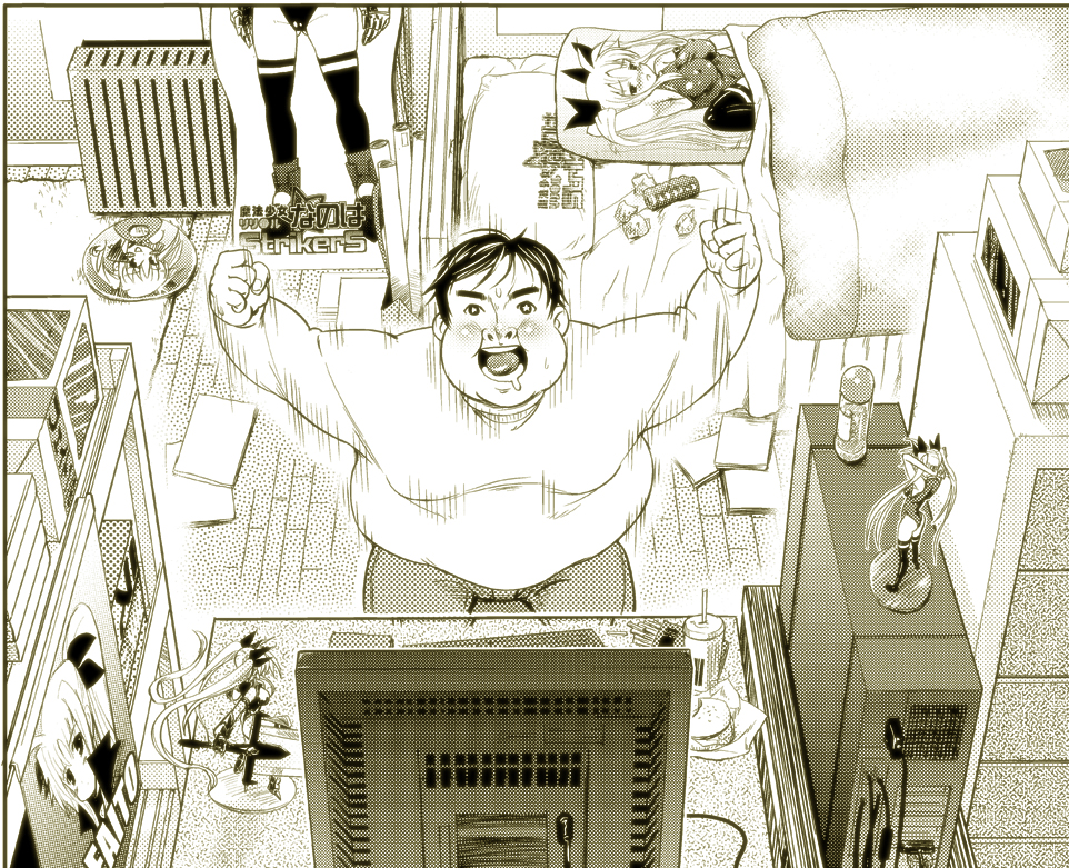 inuga anahoru, fate testarossa, lyrical nanoha, mahou shoujo lyrical nanoha, mahou shoujo lyrical nanoha a's, mahou shoujo lyrical nanoha strikers, bad id, bad pixiv id, 00s, 1boy, artificial vagina, burger, computer, computer keyboard, covered erect nipples, dakimakura (object), fat, fat man, figure, food, french fries, hair ribbon, leotard, long hair, lube, merchandise, monochrome, otaku, otaku room, pillow, ribbon, saliva, sex toy, thighhighs, truth, twintails