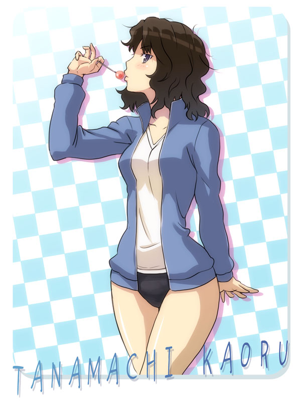 tamago, tamago (yotsumi works), tanamachi kaoru, amagami, 1girl, black hair, buruma, candy, female focus, food, gym uniform, lollipop, messy hair, short hair, solo