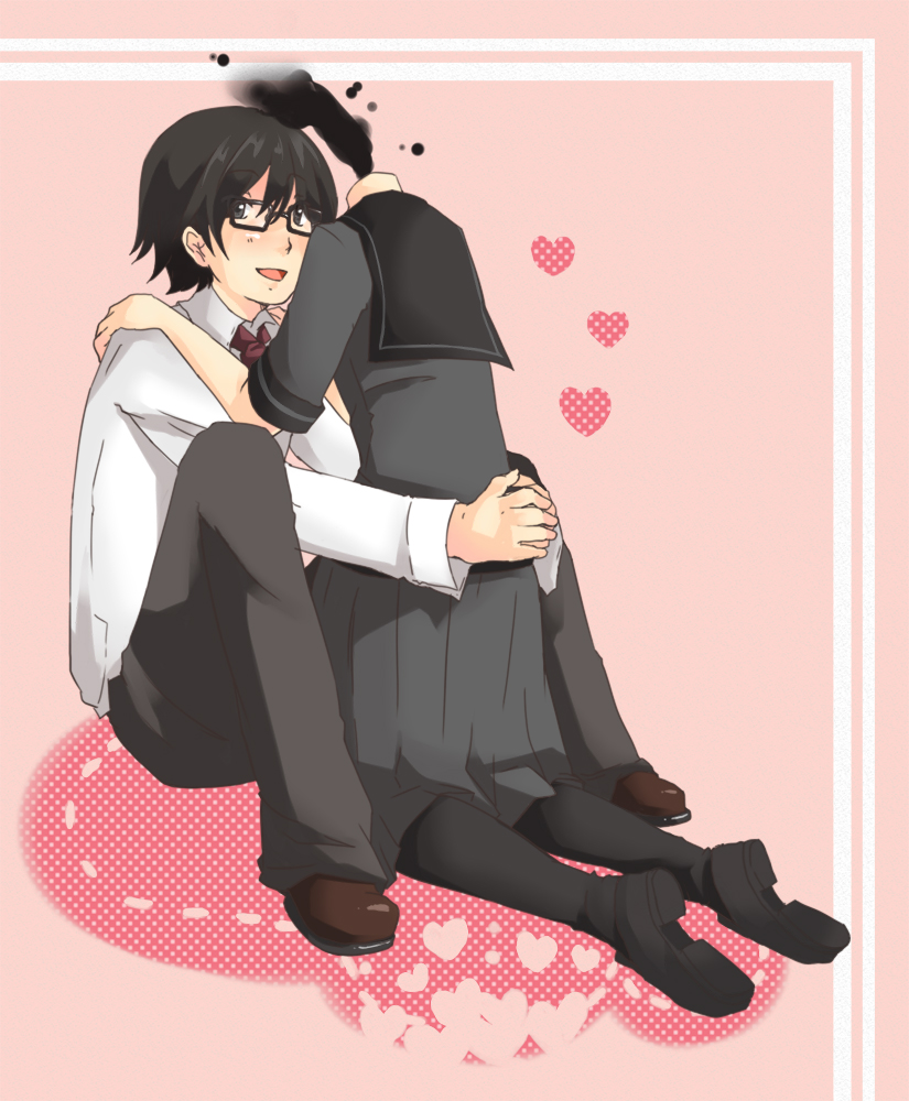 m eme, celty sturluson, kishitani shinra, durarara!!, bad id, bad pixiv id, 1boy, 1girl, alternate costume, black hair, black pantyhose, couple, dullahan, glasses, headless, heart, hetero, hug, kneeling, necktie, open mouth, pantyhose, school uniform, sitting, smile