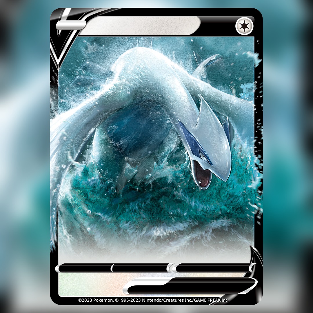 arita mitsuhiro, lugia, nintendo, pokemon, pokemon tcg, commentary, english commentary, official art, textless version, third-party source, animal focus, card (medium), company name, copyright name, copyright notice, gen 2 pokemon, legendary pokemon, no humans, open mouth, pokemon (creature), pokemon card, pokemon focus, solo, trading card, v-shaped eyes, water