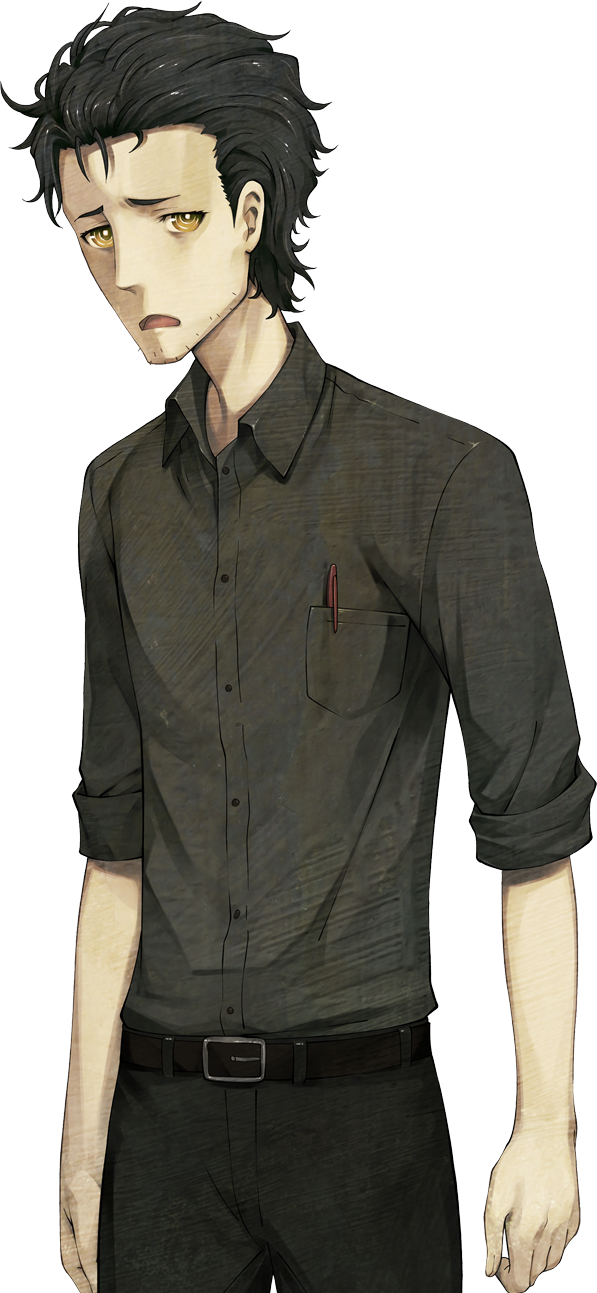 huke, okabe rintarou, okabe rintarou (beta), science adventure, steins;gate, steins;gate 0, game cg, highres, non-web source, official art, 1boy, beard stubble, belt, belt buckle, black belt, black hair, breast pocket, buckle, collared shirt, dress shirt, facial hair, grey shirt, looking at viewer, male focus, messy hair, narrowed eyes, object in pocket, open mouth, pen in pocket, pocket, ringed eyes, sad, shirt, short hair, solo, sprite, stubble, transparent background, winter clothes, yellow eyes