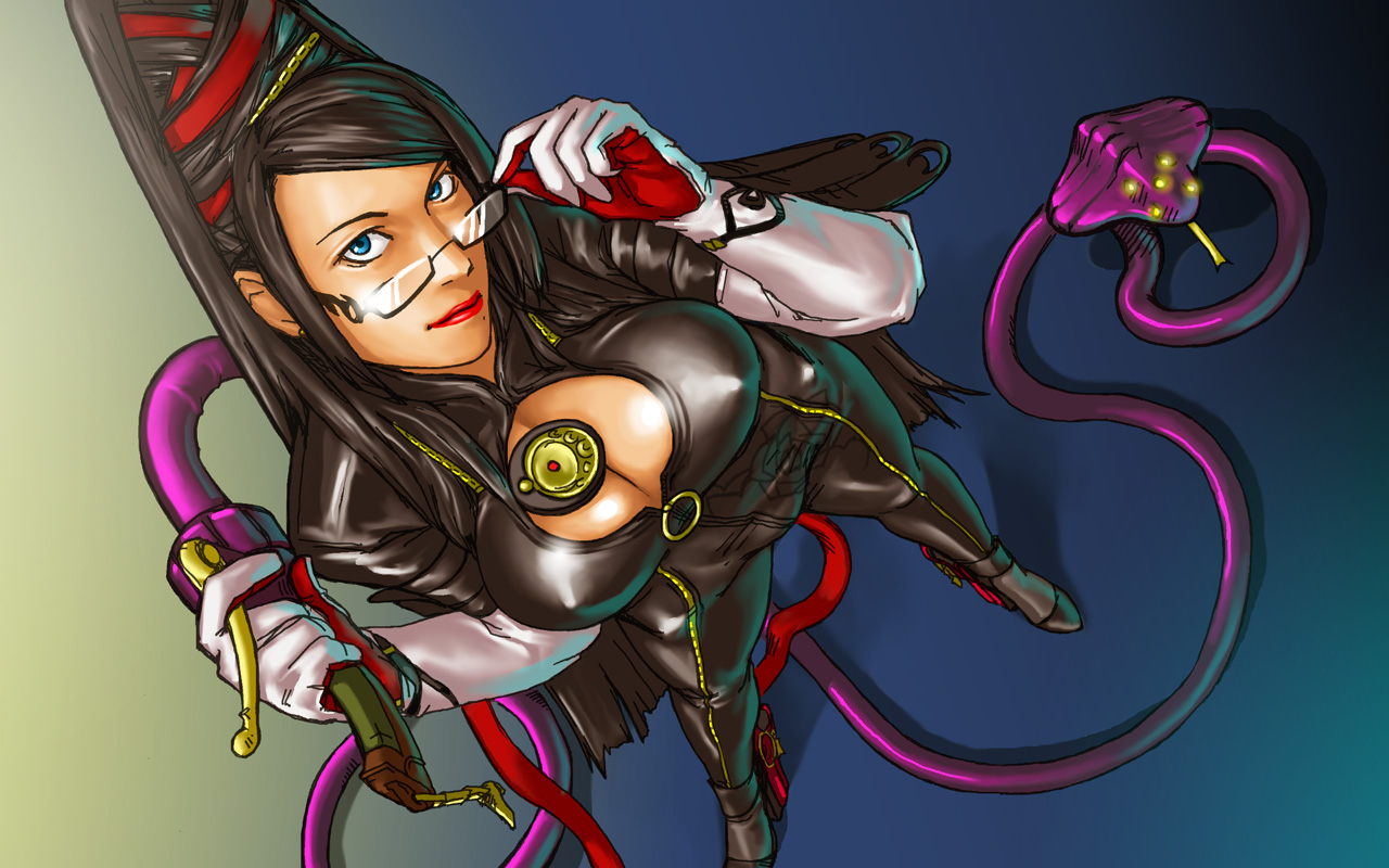 take (draghignazzo), bayonetta, bayonetta (series), bayonetta 1, 1girl, black hair, blue eyes, bodysuit, breasts, cleavage, cleavage cutout, clothing cutout, earrings, elbow gloves, eyeshadow, female focus, glasses, gloves, hair bun, jewelry, large breasts, lipstick, long hair, looking up, makeup, mole, mole under mouth, red ribbon, ribbon, solo, whip