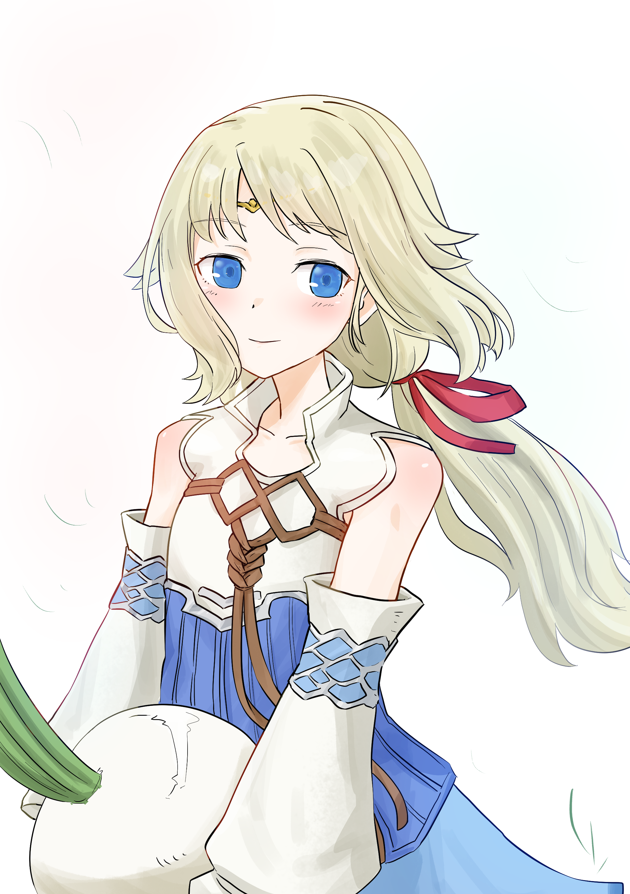 matsuba mattsu, mist (rune factory), rune factory, rune factory 1, rune factory frontier, absurdres, commentary request, highres, 1girl, blonde hair, blue eyes, detached sleeves, food, holding, holding food, holding vegetable, low ponytail, ponytail, smile, solo, turnip, vegetable