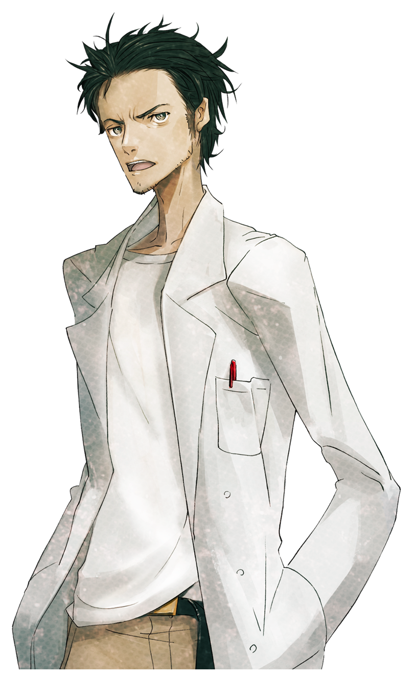 huke, okabe rintarou, science adventure, steins;gate, steins;gate: linear bounded phenogram, game cg, highres, non-web source, official art, 1boy, adam's apple, angry, beard stubble, belt, black belt, black hair, breast pocket, brown pants, coat, collarbone, facial hair, frown, furrowed brow, grey eyes, lab coat, lapels, leather belt, long sleeves, looking at viewer, male focus, messy hair, notched lapels, object in pocket, open mouth, pants, pen in pocket, pocket, ringed eyes, shirt, shirt partially tucked in, solo, sprite, stubble, t-shirt, v-shaped eyebrows, white coat, white shirt