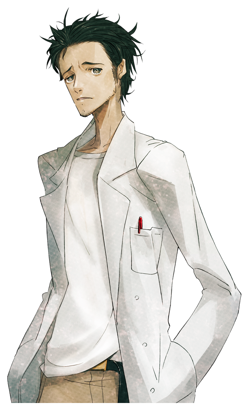 huke, okabe rintarou, science adventure, steins;gate, steins;gate: linear bounded phenogram, game cg, highres, non-web source, official art, 1boy, adam's apple, beard stubble, belt, black belt, black hair, breast pocket, brown pants, coat, collarbone, facial hair, grey eyes, lab coat, lapels, leather belt, long sleeves, looking at viewer, male focus, messy hair, notched lapels, object in pocket, open mouth, pants, pen in pocket, pocket, ringed eyes, sad, shirt, shirt partially tucked in, solo, sprite, stubble, t-shirt, white coat, white shirt