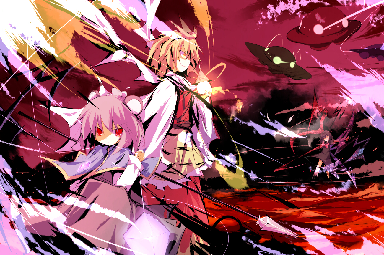 poppuru, houjuu nue, nazrin, toramaru shou, touhou, bad id, bad pixiv id, 3girls, animal print, bishamonten's pagoda, black hair, blonde hair, dress, female focus, grey hair, hair ornament, jewelry, multiple girls, necklace, polearm, red eyes, shawl, spear, tiger print, trident, ufo, weapon, wings, yellow eyes