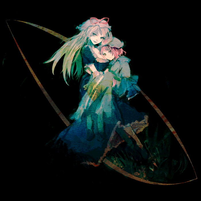 sorakusa roya, saigyouji yuyuko, yakumo yukari, touhou, bad id, bad pixiv id, 2girls, black background, dress, female focus, hat, holding, hug, japanese clothes, kimono, long hair, long sleeves, looking at viewer, mob cap, multiple girls, pink hair, purple dress, ribbon, short hair, simple background, smile, white hair