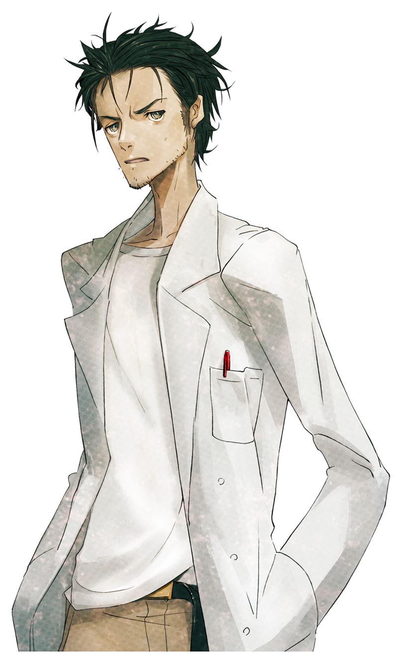 huke, okabe rintarou, science adventure, steins;gate, steins;gate: linear bounded phenogram, game cg, highres, non-web source, official art, 1boy, adam's apple, beard stubble, belt, black belt, black hair, breast pocket, brown pants, coat, collarbone, determined, exhausted, facial hair, grey eyes, lab coat, lapels, leather belt, long sleeves, looking at viewer, male focus, messy hair, notched lapels, object in pocket, open mouth, pants, pen in pocket, pocket, ringed eyes, shirt, shirt partially tucked in, solo, sprite, stubble, sweatdrop, t-shirt, white coat, white shirt