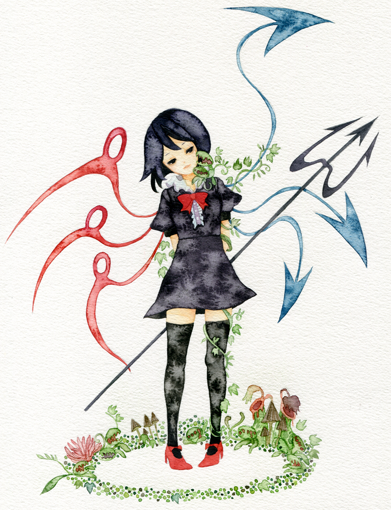 pinkxxxna, houjuu nue, touhou, bad id, bad pixiv id, painting (medium), traditional media, watercolor (medium), 1girl, asymmetrical wings, black eyes, black hair, black thighhighs, female focus, full body, high heels, leaf, legs, mushroom, plant, polearm, ribbon, shoes, short hair, short sleeves, solo, standing, thighhighs, weapon, wings, zettai ryouiki