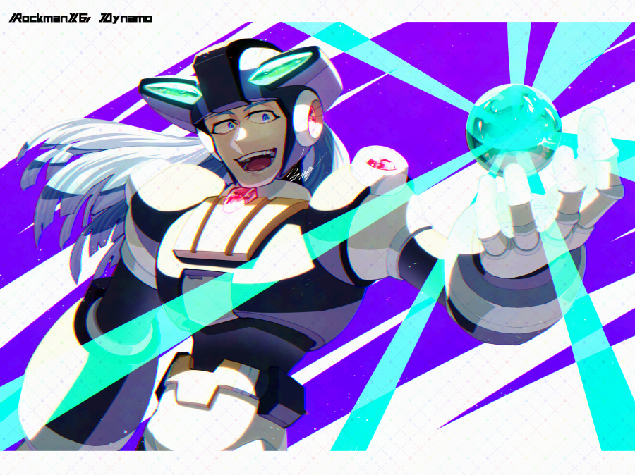 sznami129, dynamo (mega man), mega man (series), mega man x (series), commentary request, 1boy, armor, black armor, black helmet, blue background, blue hair, cowboy shot, glowing, helmet, male focus, open mouth, solo, white background