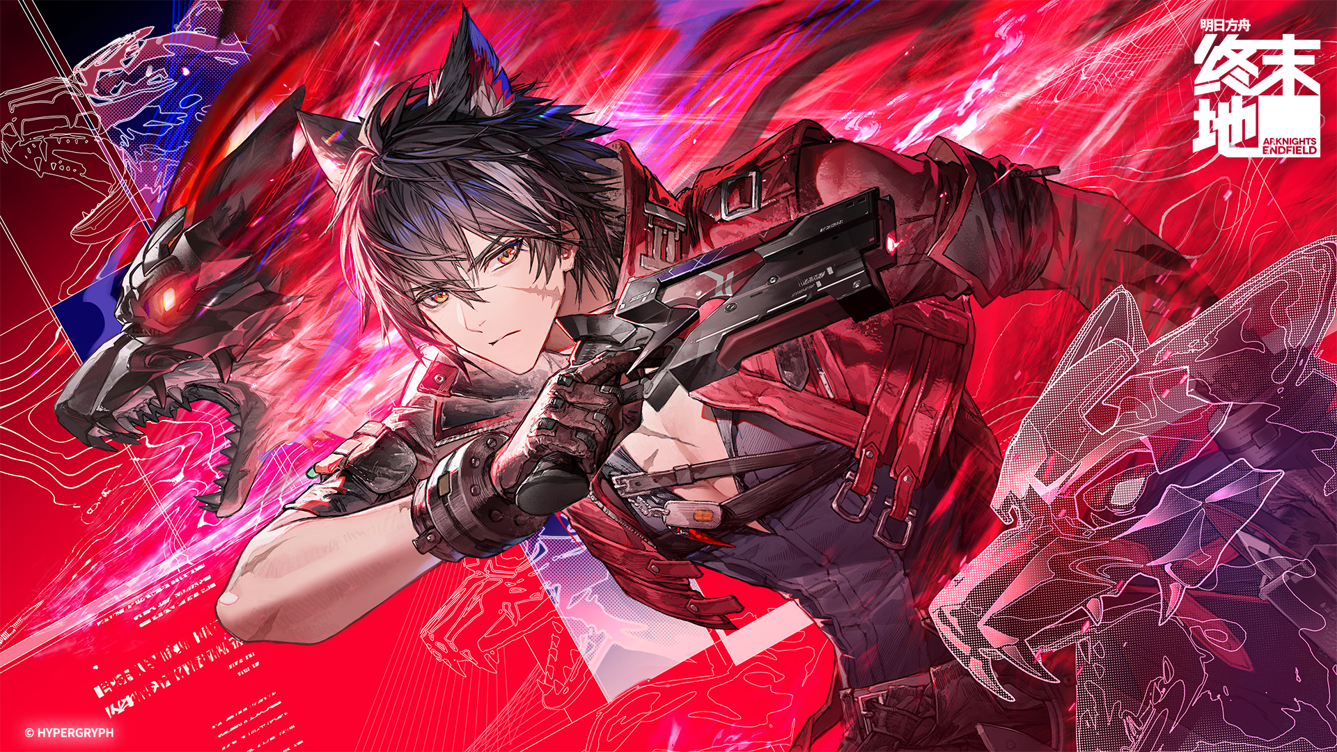 eboda-x, wulfgard (arknights), arknights, arknights: endfield, chinese commentary, commentary request, highres, official art, 1boy, animal ears, belt, black hair, brown gloves, closed mouth, copyright logo, copyright name, copyright notice, cropped jacket, elevation contour lines, facial scar, gloves, glowing, glowing eye, gun, holding, holding gun, holding weapon, jacket, logo, looking at viewer, male focus, non-humanoid robot, open clothes, open jacket, orange eyes, red background, red jacket, robot, robot animal, scar, scar on cheek, scar on chest, scar on face, short hair, solo, weapon, wolf boy, wolf ears