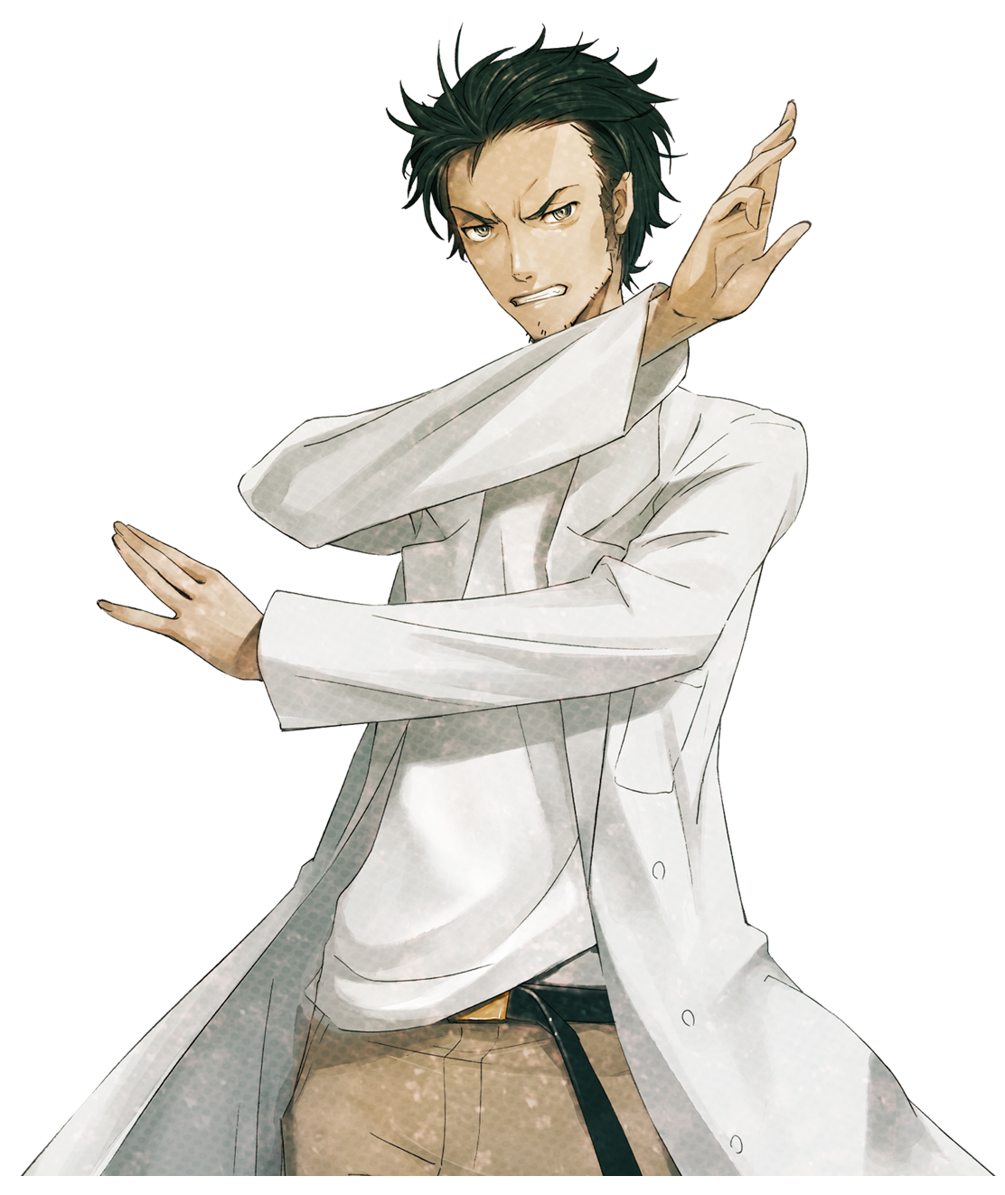 huke, okabe rintarou, science adventure, steins;gate, steins;gate: linear bounded phenogram, game cg, highres, non-web source, official art, 1boy, adam's apple, beard stubble, belt, black belt, black hair, breast pocket, brown pants, clenched teeth, coat, collarbone, determined, facial hair, furrowed brow, grey eyes, lab coat, lapels, leather belt, long sleeves, looking at viewer, male focus, messy hair, notched lapels, object in pocket, outstretched crossed arms, pants, pen in pocket, pocket, ringed eyes, shirt, shirt partially tucked in, solo, sprite, stubble, t-shirt, teeth, v-shaped eyebrows, white coat, white shirt