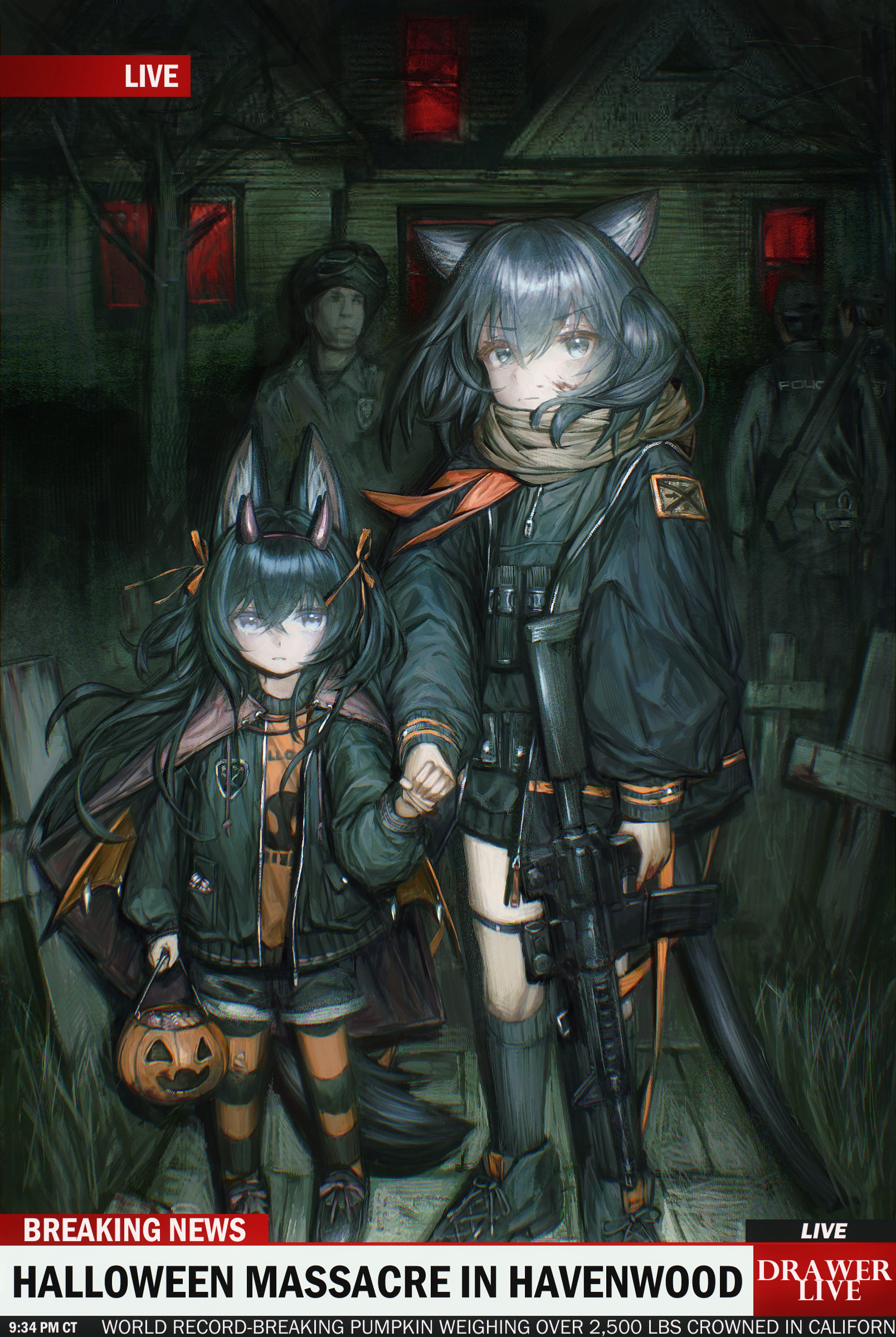 original, absurdres, commentary request, highres, 2girls, 3boys, animal ears, assault rifle, black hair, black jacket, black shoes, black socks, blood on cheek, blue eyes, breaking news, brown scarf, camera flash, cat ears, cat girl, cat tail, demon horns, demon wings, drawer bushi huajia, expressionless, food-themed hair ornament, green eyes, grey hair, gun, hair ornament, hair ribbon, halloween, holding, holding pumpkin, horns, jacket, long hair, looking at viewer, medium hair, military, multiple boys, multiple girls, news, night, orange hair ornament, orange shirt, pantyhose, police, police uniform, policeman, pumpkin, red ribbon, ribbon, rifle, scarf, shirt, shoes, socks, standing, striped clothes, striped pantyhose, tail, weapon, wings, wolf ears, wolf girl, wolf tail