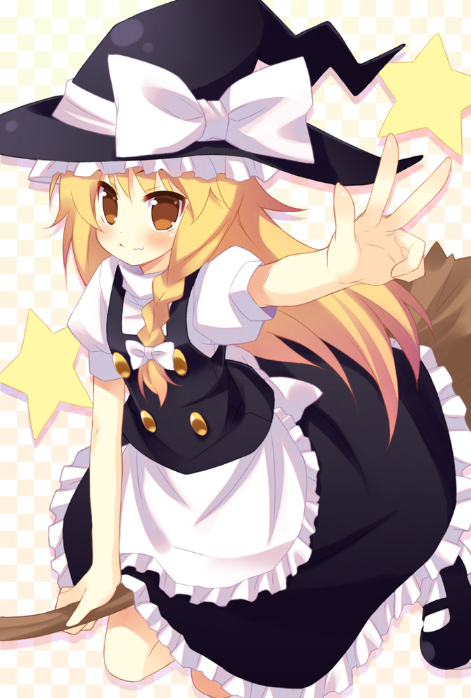 meito (maze), kirisame marisa, touhou, 1girl, blonde hair, braid, broom, female focus, hat, long hair, solo, v, witch, witch hat, yellow eyes