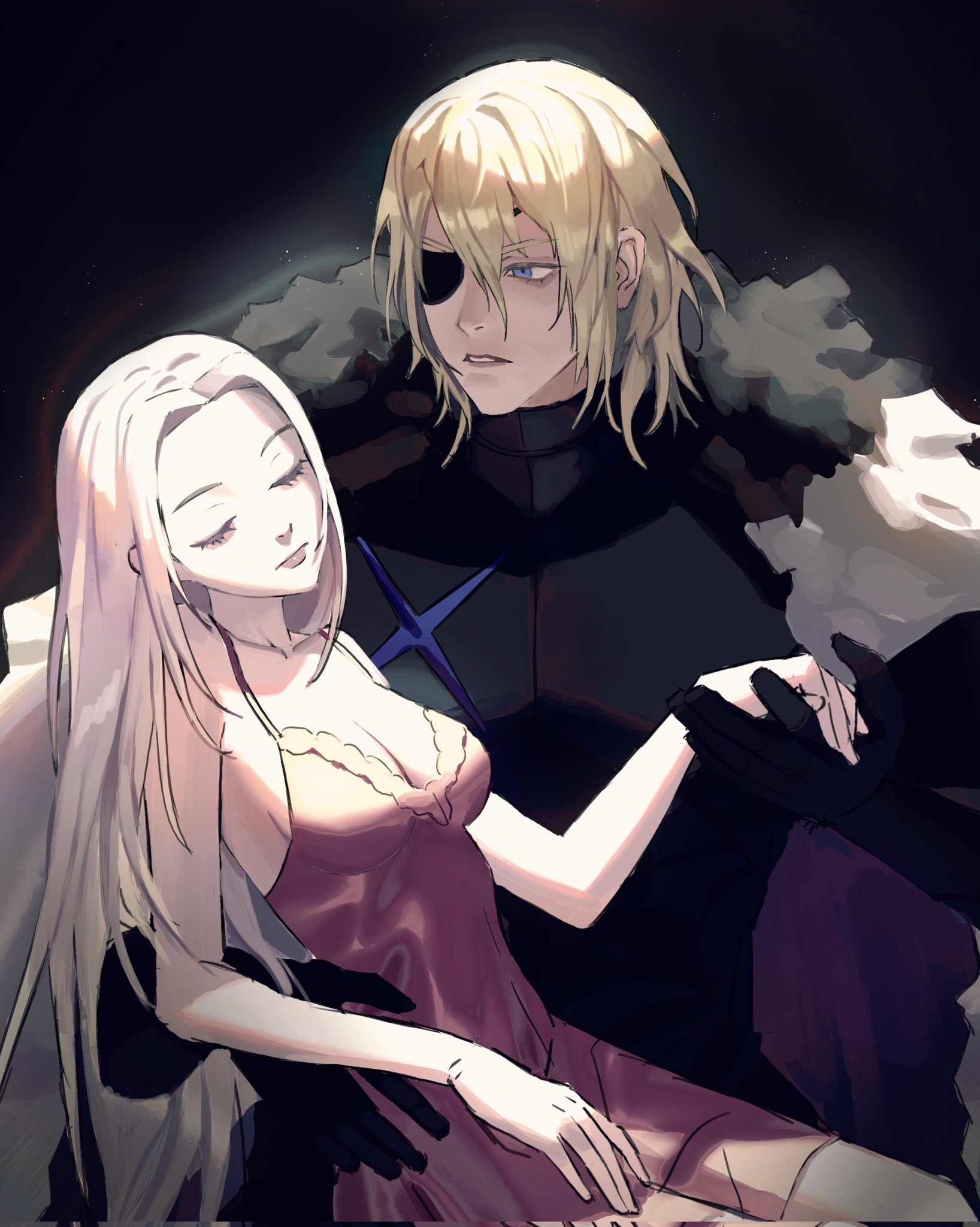 dimitri alexandre blaiddyd, dimitri alexandre blaiddyd (timeskip), edelgard von hresvelg, edelgard von hresvelg (timeskip), fire emblem, fire emblem: three houses, nintendo, commentary request, highres, korean commentary, 1boy, 1girl, alternate costume, bare shoulders, blonde hair, blue eyes, breasts, cape, cleavage, closed eyes, closed mouth, couple, eyepatch, fur trim, hair down, hand on another's hand, head tilt, hetero, hi8ggu, large breasts, leaning back, leaning on person, long hair, looking down, messy hair, nightgown, parted bangs, parted lips, shade, sideboob, sleeping, upper body