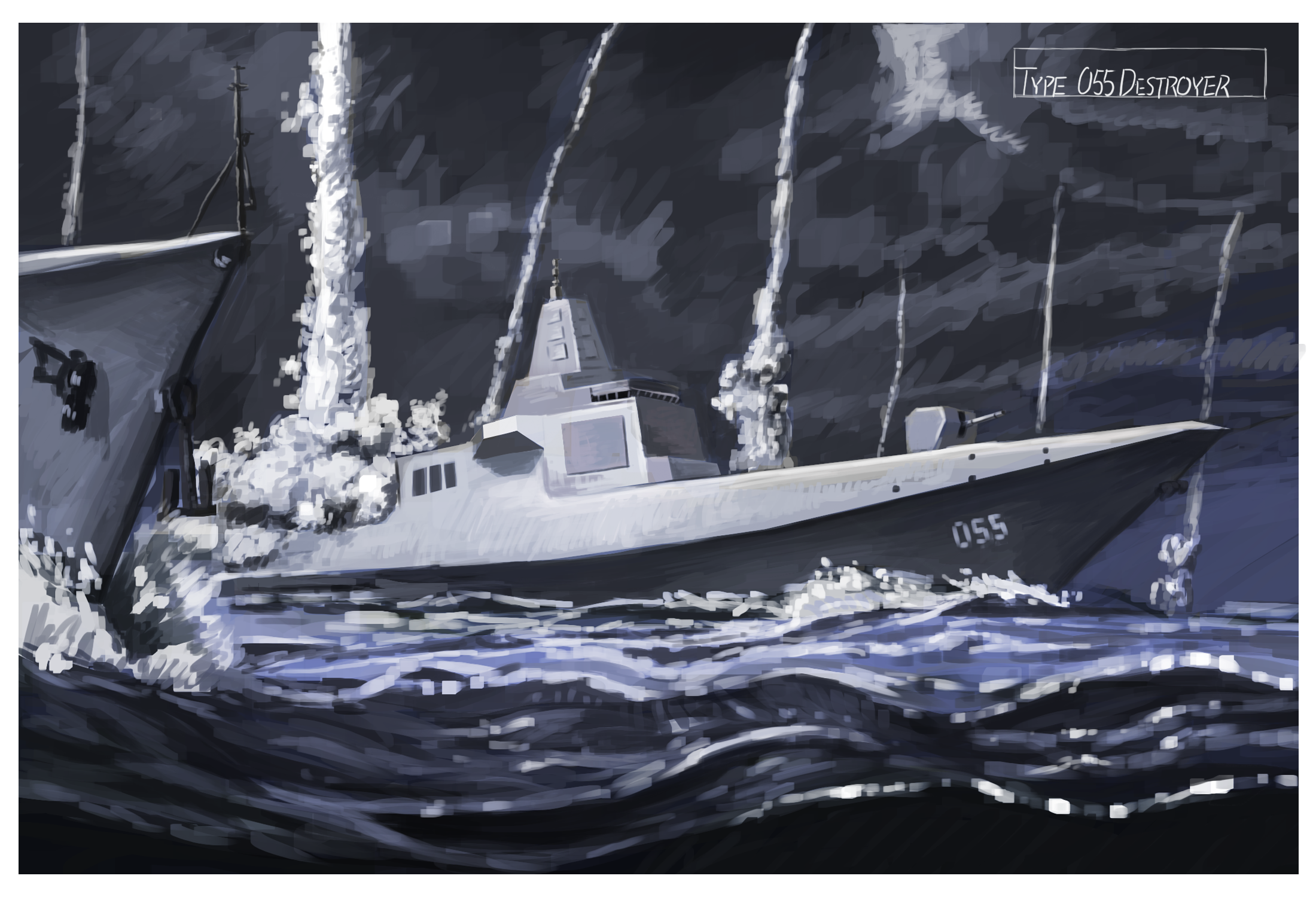 kookaburrarex, real life, commentary request, highres, anchor, cloud, cloudy sky, cruiser, guided missile cruiser, military vehicle, missile trail, no humans, ocean, people's liberation army, people's liberation army navy, ship, ship turret, sky, type 055 destroyer, warship, watercraft, waves