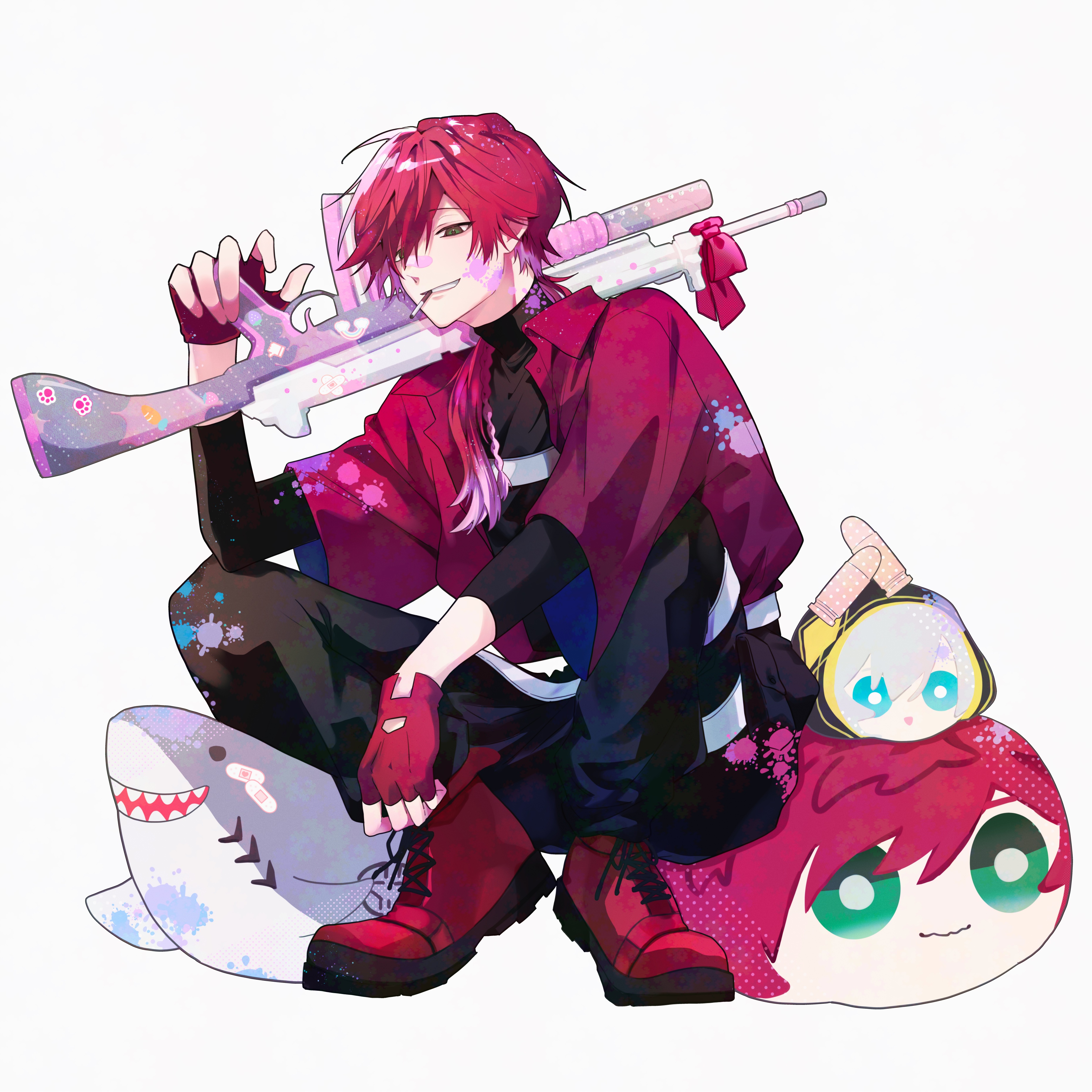 ars almal, lauren iroas, nijisanji, absurdres, commentary, highres, 1boy, black pants, black shirt, boots, cigarette, fingerless gloves, flower stand art, full body, gloves, green eyes, gun, hair between eyes, holding, holding gun, holding weapon, long hair, long sleeves, male focus, nartr 0610, official alternate costume, omanjuu mascot, paint splatter, paint splatter on face, pants, ponytail, red boots, red gloves, red hair, red shirt, shirt, side ponytail, simple background, smoking, solo, stuffed animal, stuffed shark, stuffed toy, virtual youtuber, weapon, white background
