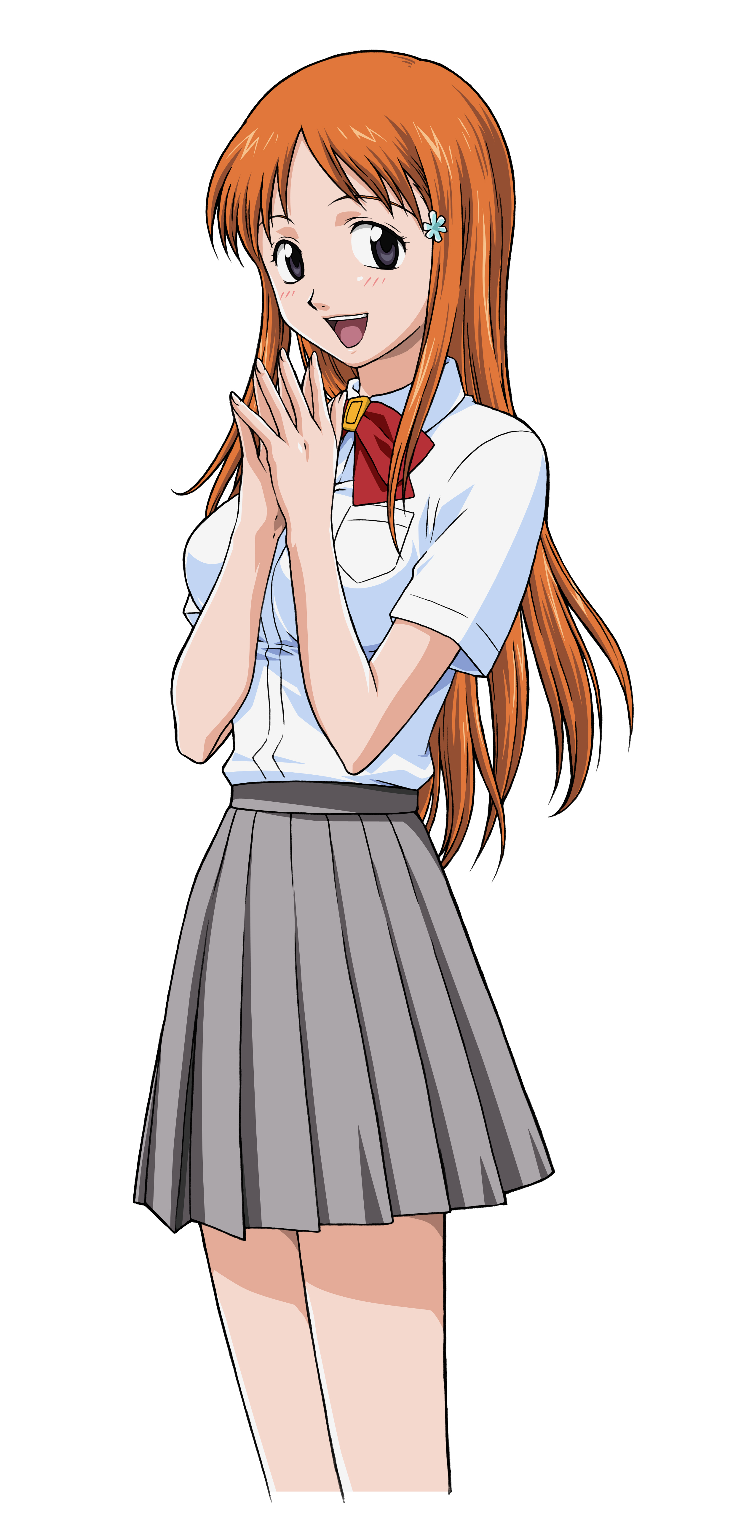 inoue orihime, bleach, absurdres, highres, long image, tall image, blush, hair ornament, hairclip, long hair, miniskirt, school uniform, simple background, skirt, smile